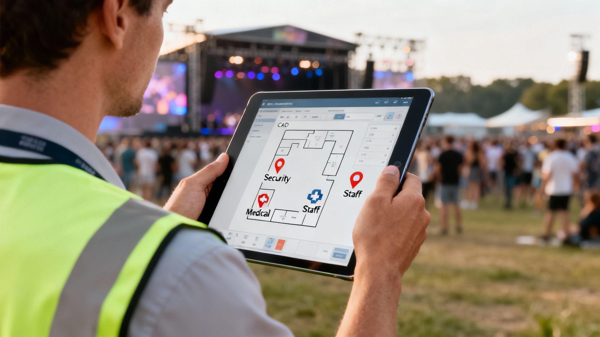 A person in a high-visibility vest reviews a digital floor plan on a tablet at an outdoor event.