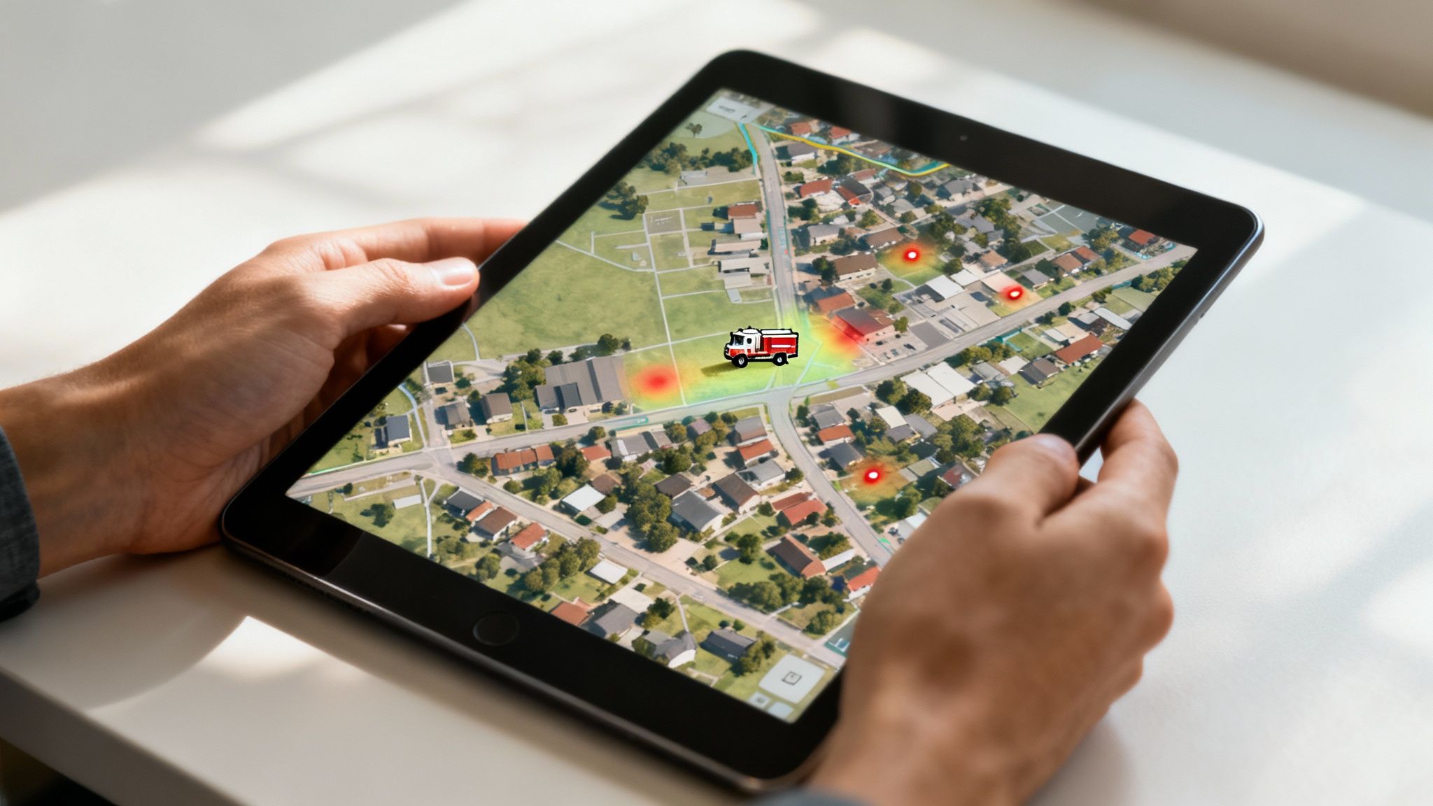 A firefighter looking at a tablet displaying data analytics and charts.