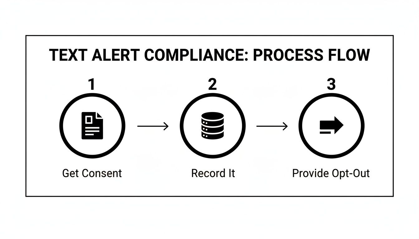 A process flow diagram showing three steps for text alert compliance: get consent, record it, and provide opt-out.