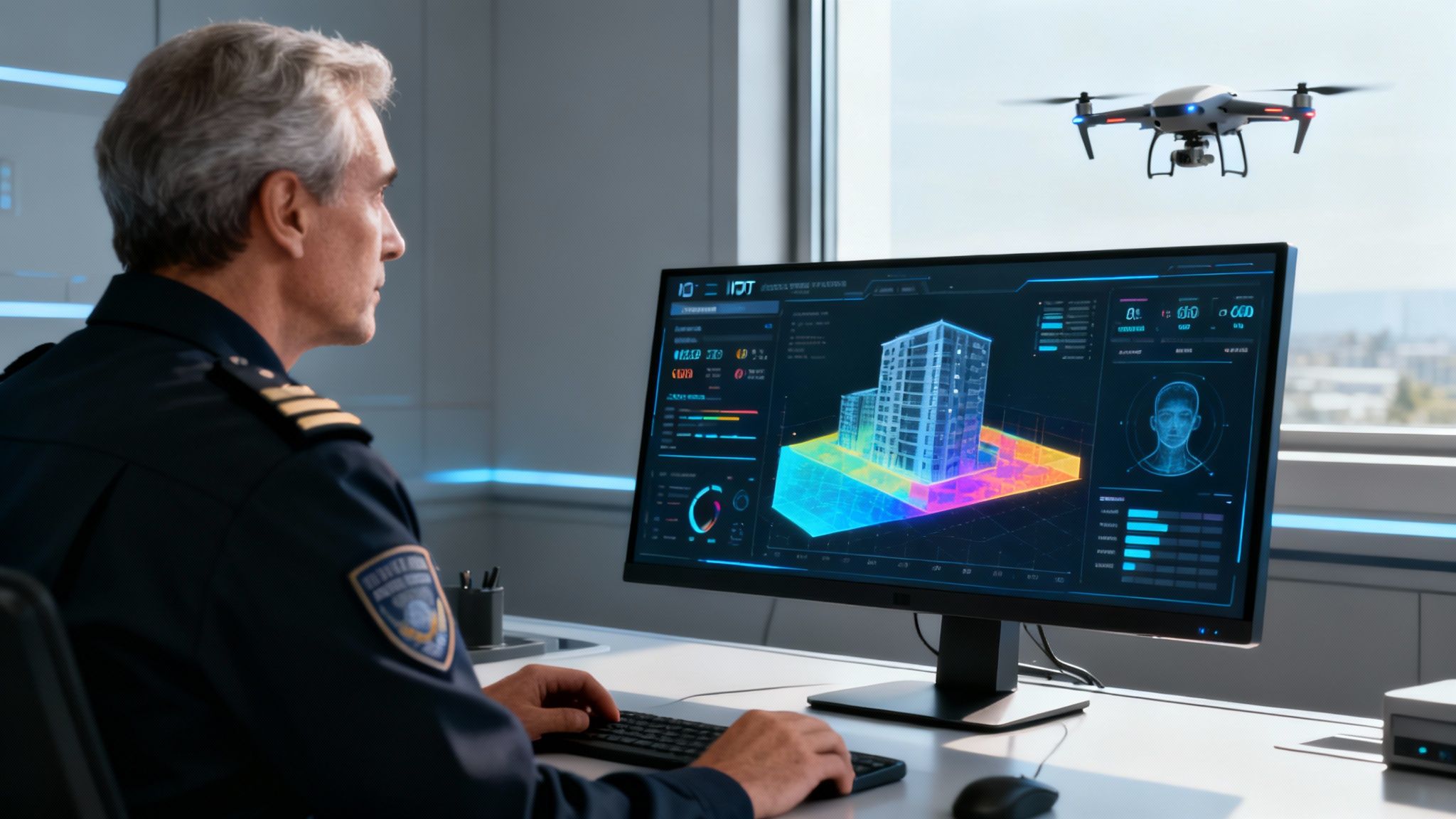 Firefighter using a rugged tablet with data overlays on screen.