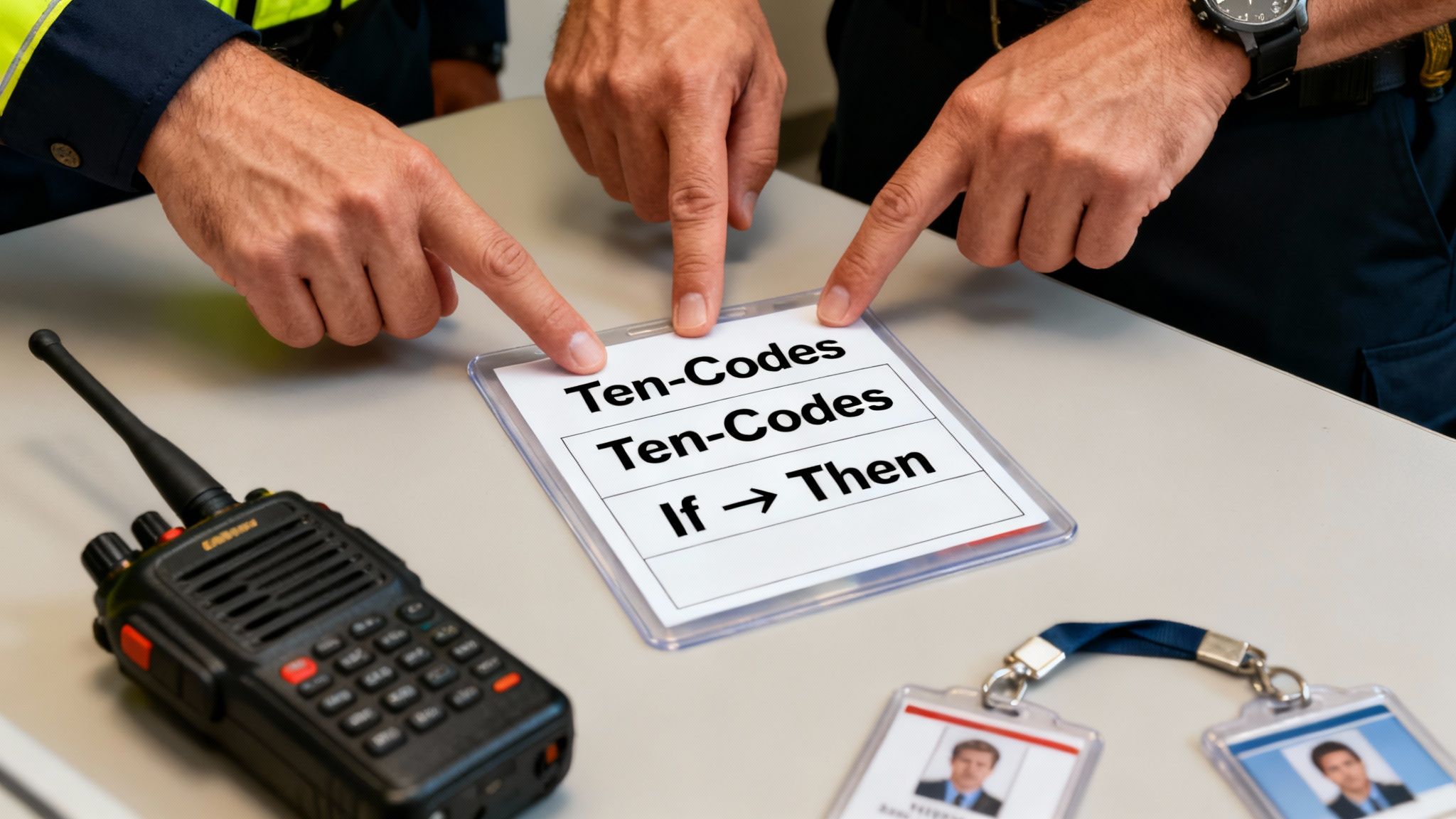 Three officers point at a laminated card with 'Ten-Codes' and 'If -> Then' for communication training.
