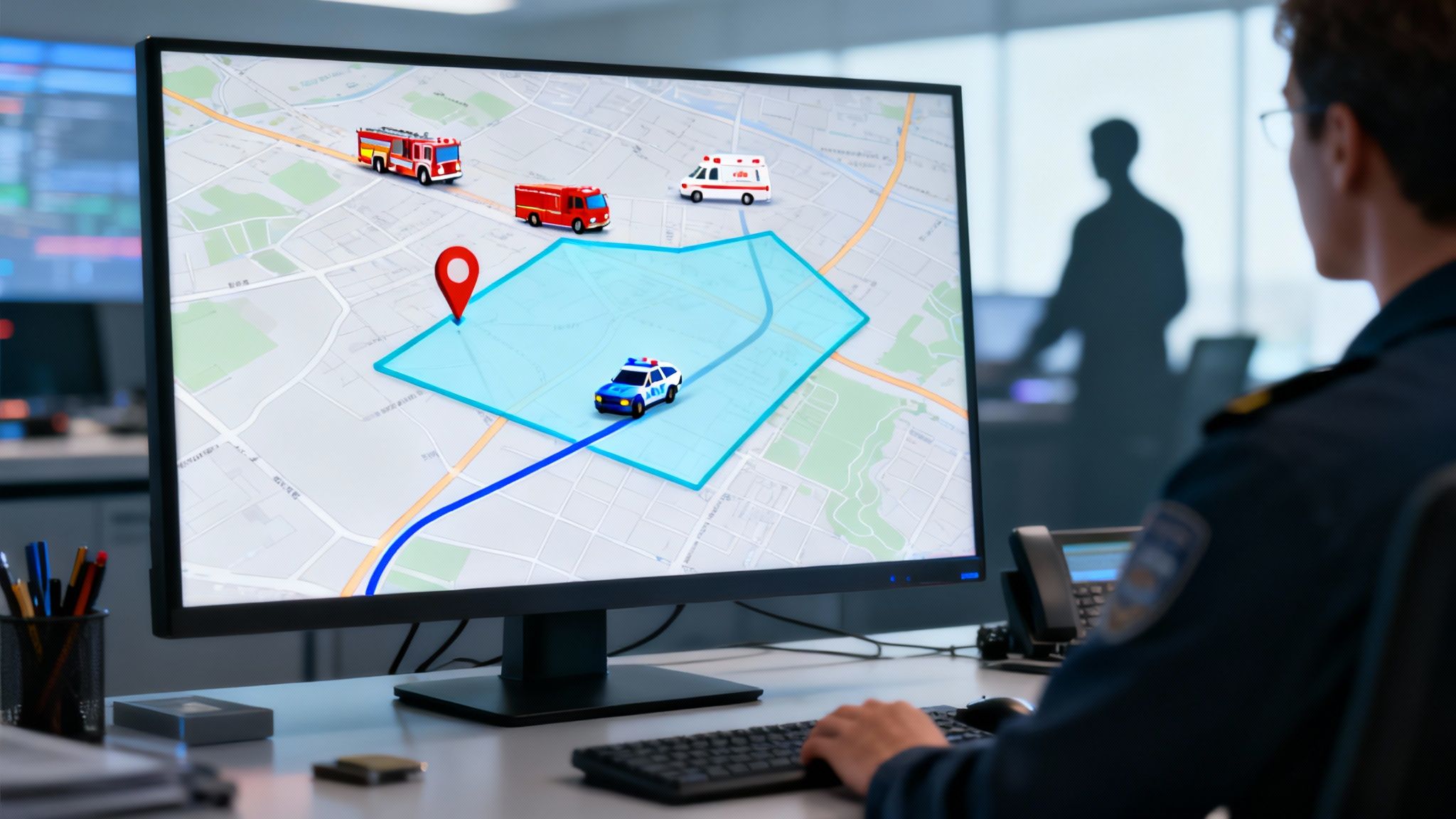 A dispatcher monitors a digital map on a computer, tracking emergency vehicles and an incident zone.