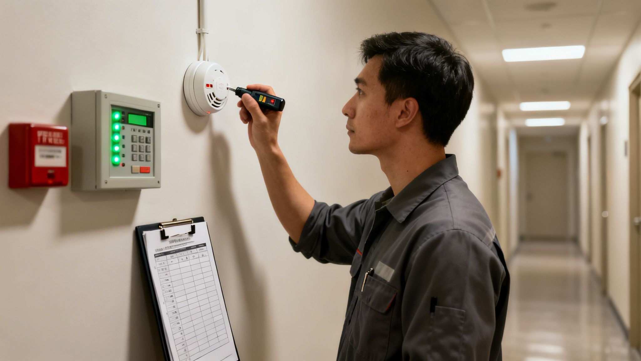 A technician inspects a fire alarm with a tool next to a control panel and checklist.