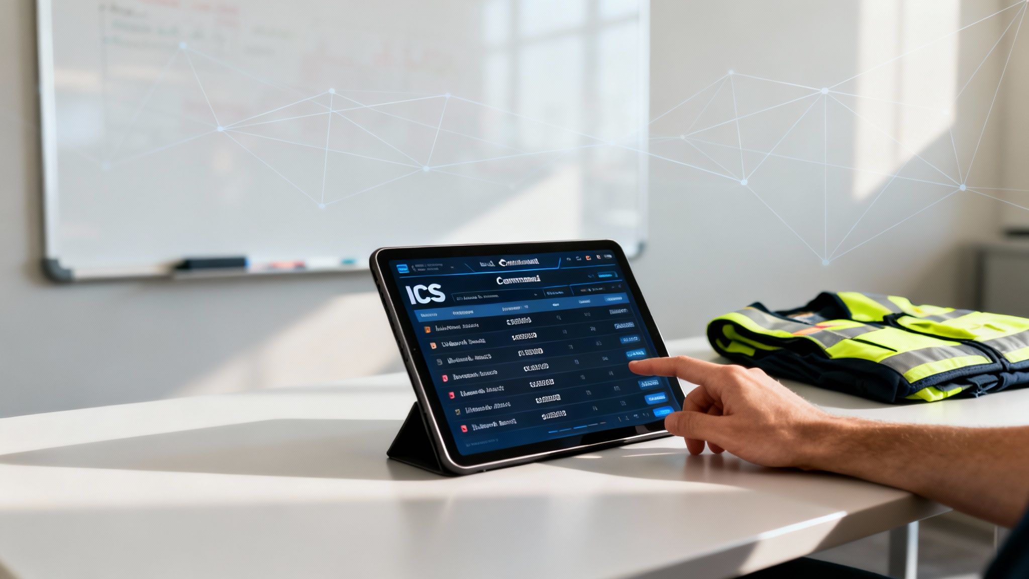 A hand interacts with a tablet displaying the ICS Command software, with a safety vest nearby.