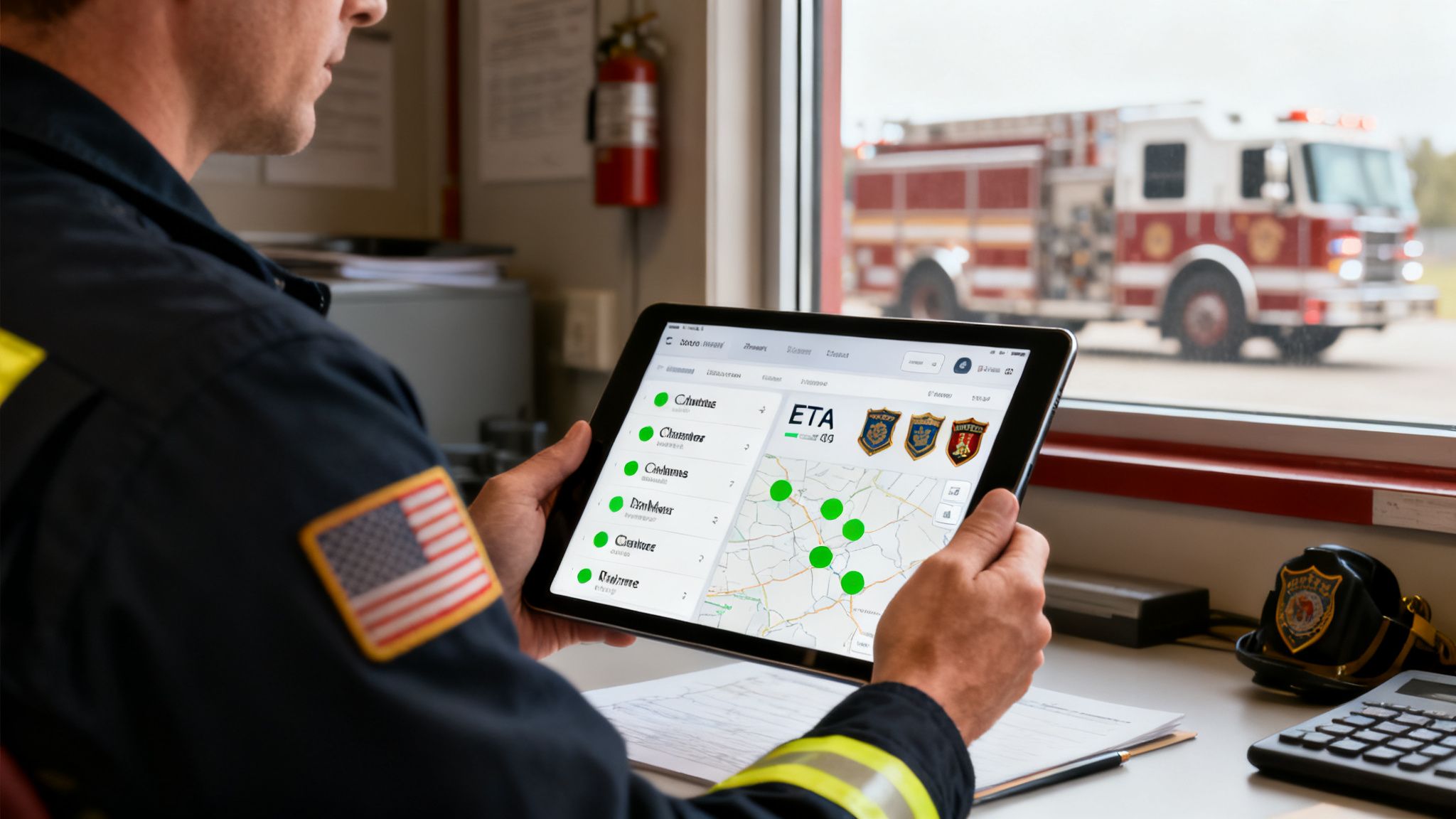 A person in a firefighter uniform uses a tablet displaying a map and units, with a fire truck in the background.