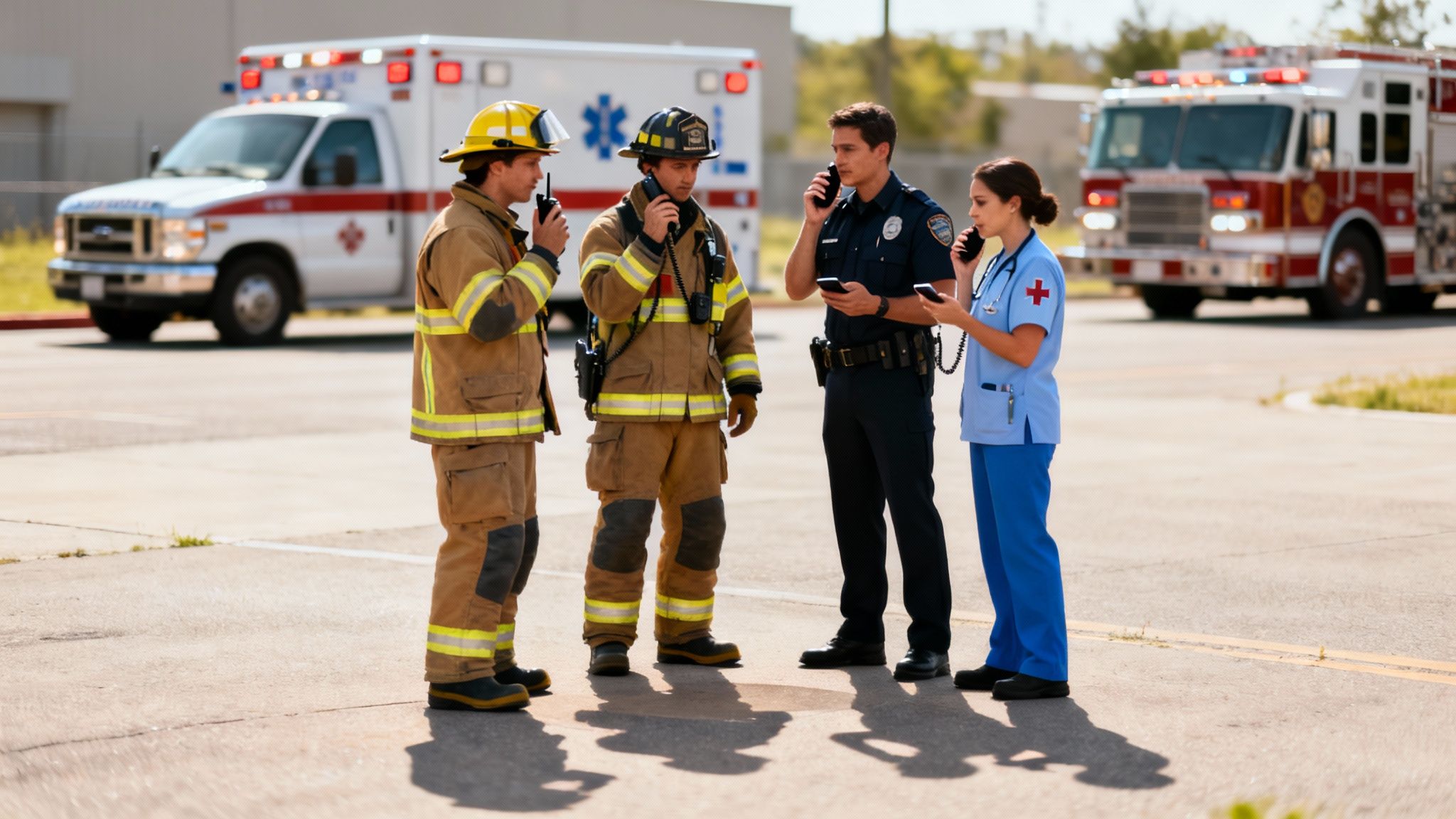 Four emergency responders, including firefighters, a police officer, and a medic, communicate using radios and phones.