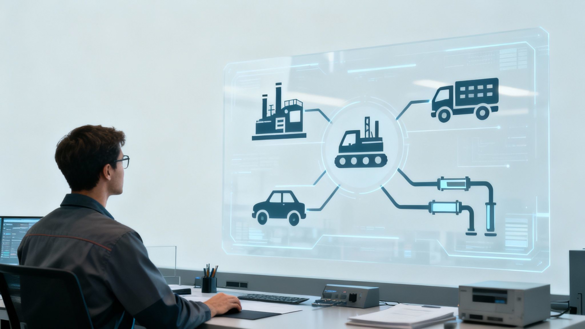 Professional analyzing enterprise asset management system with industrial equipment and vehicle icons on digital screen