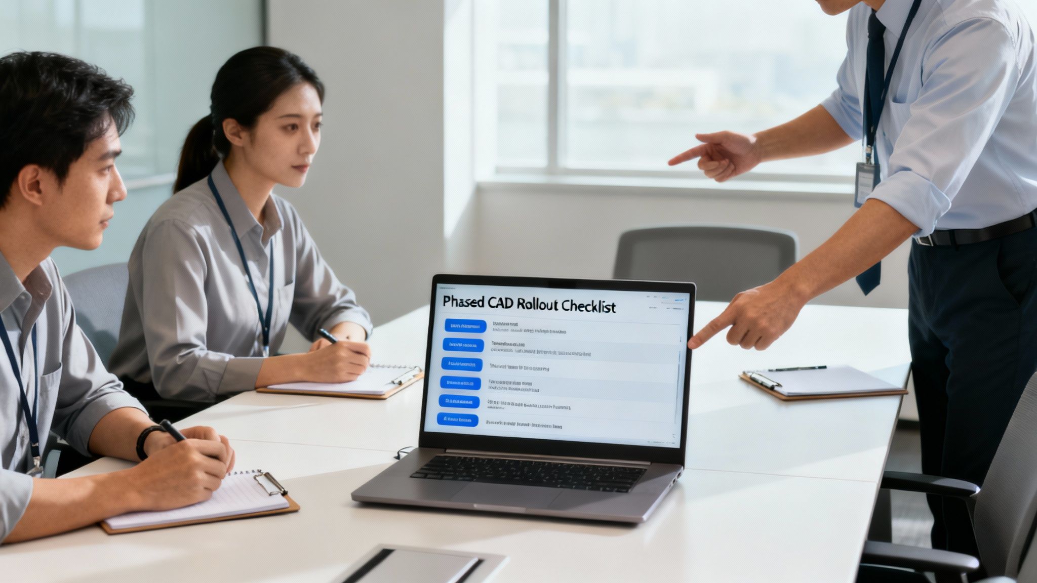 Business professionals discuss a 'Phased CAD Rollout Checklist' on a laptop in a meeting.
