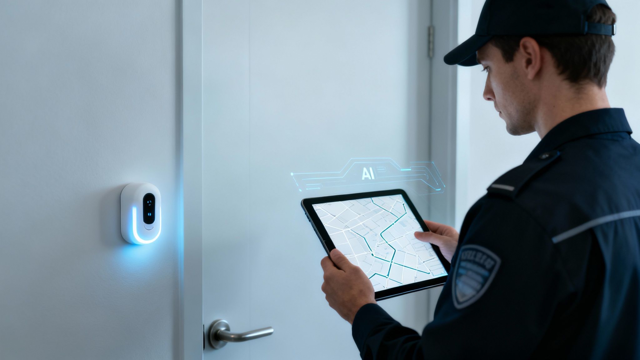 An illustration of AI and IoT networks in a modern security context.
