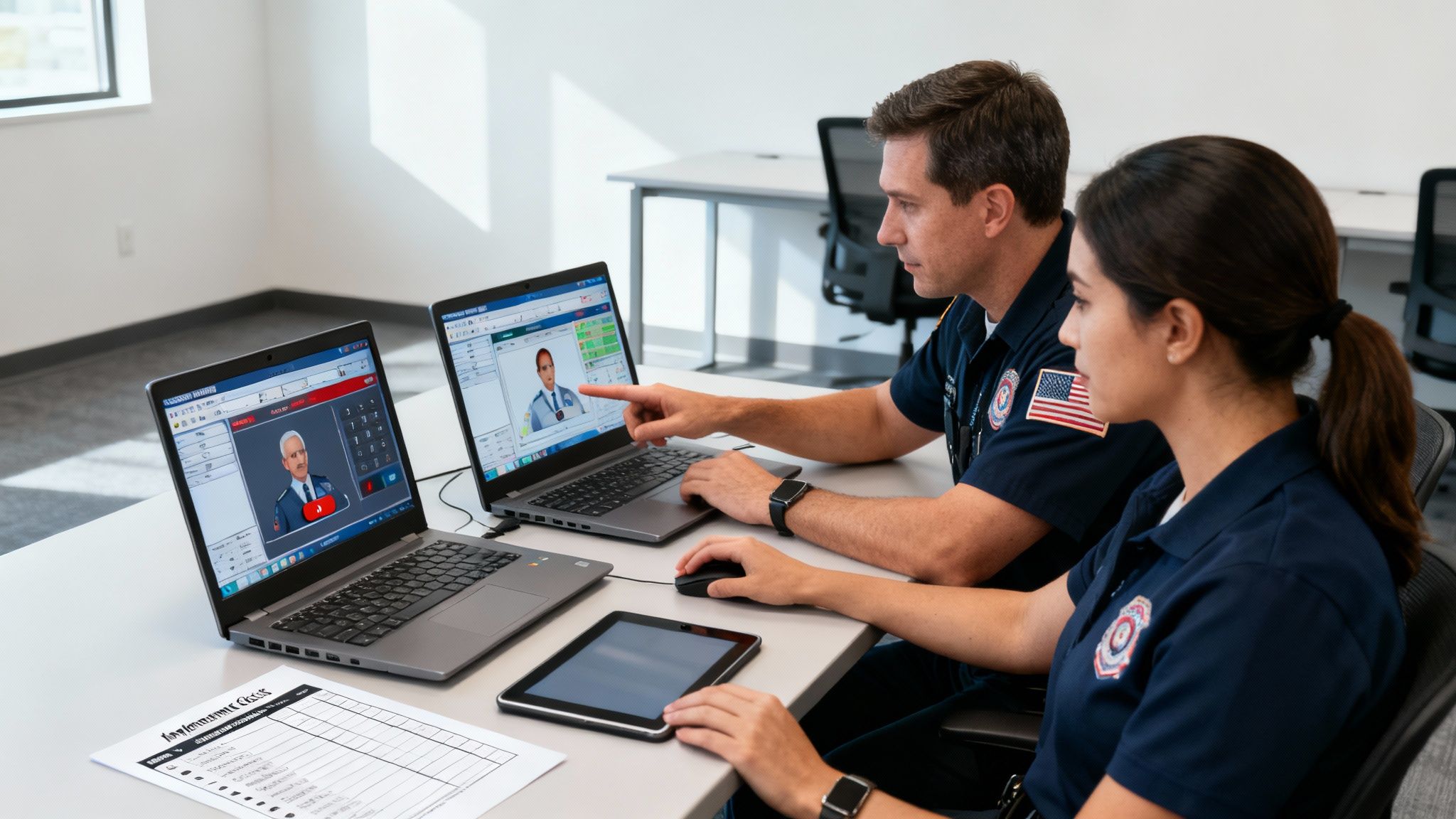 Two EMS professionals reviewing dispatch software on laptops during emergency coordination session