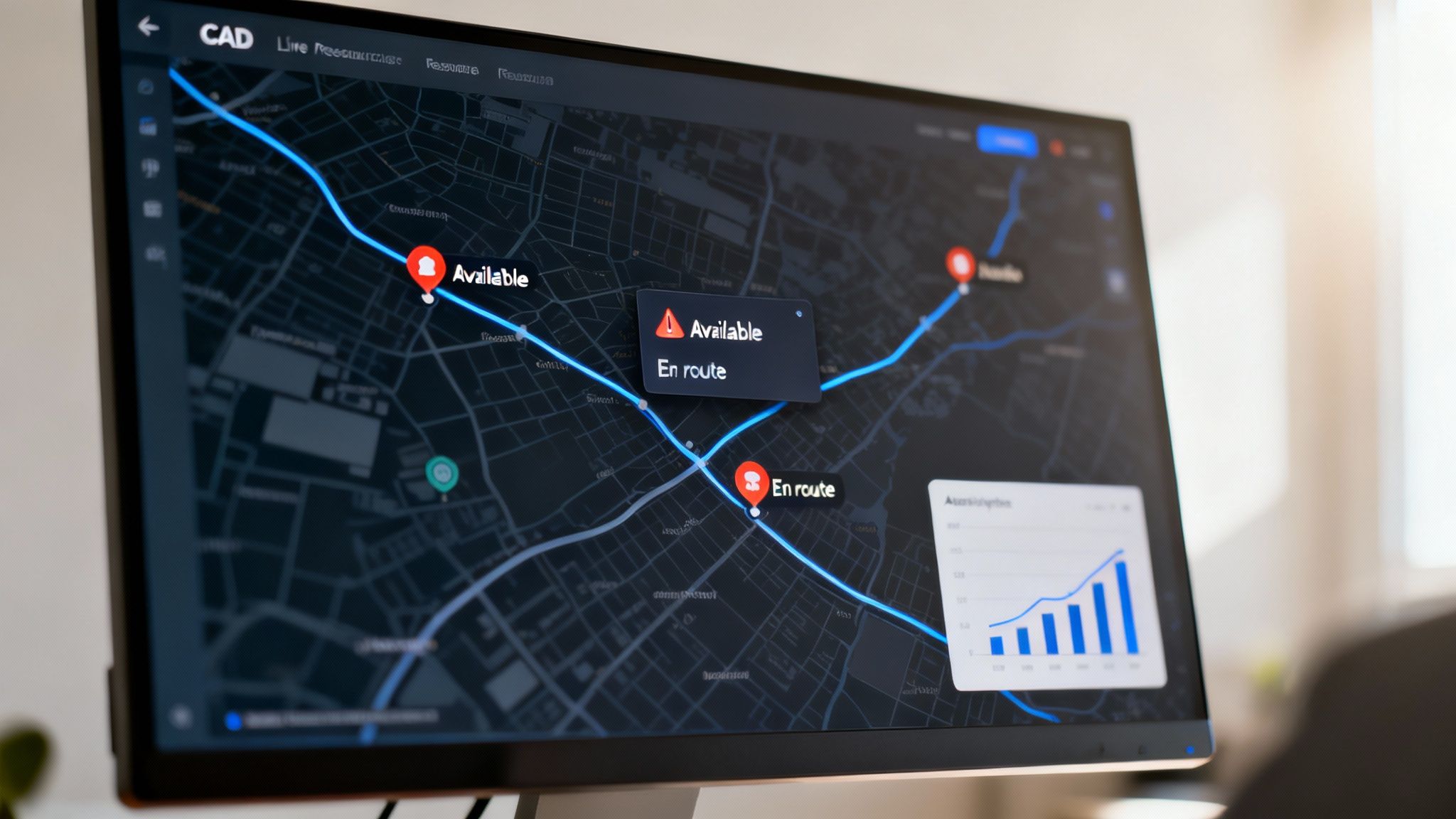 A computer screen displays a real-time map with routes, available units, and en route vehicles.