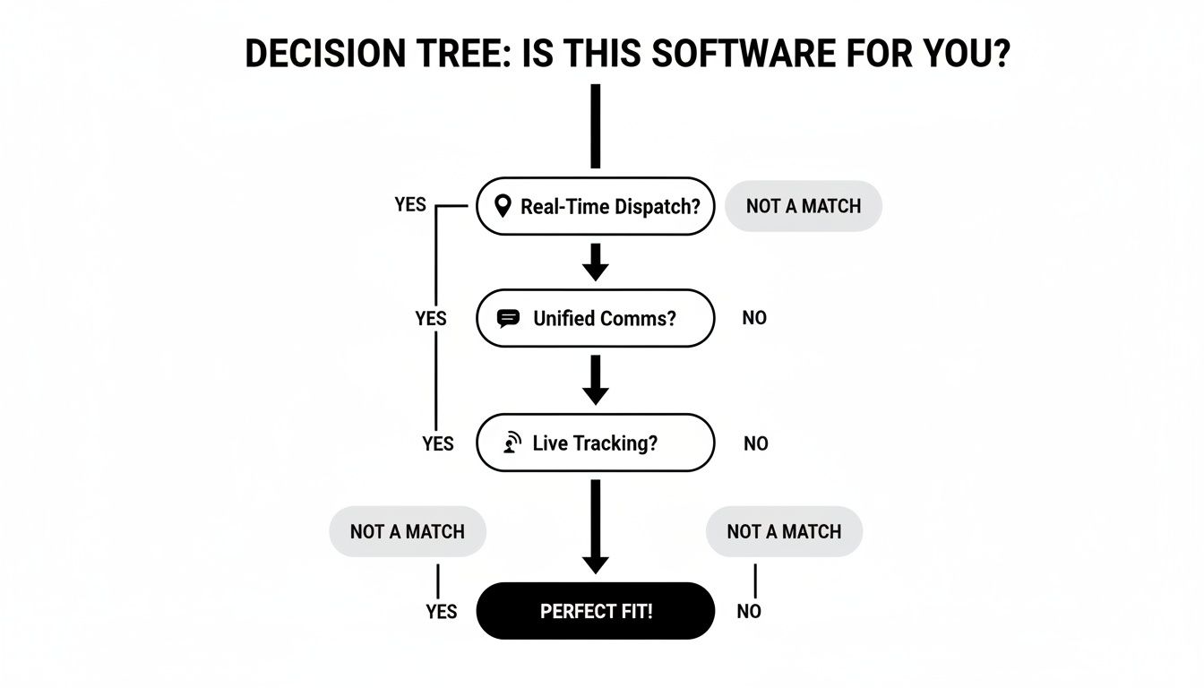 A decision tree flowchart for software features: Real-Time Dispatch, Unified Comms, and Live Tracking, leading to a Perfect Fit.