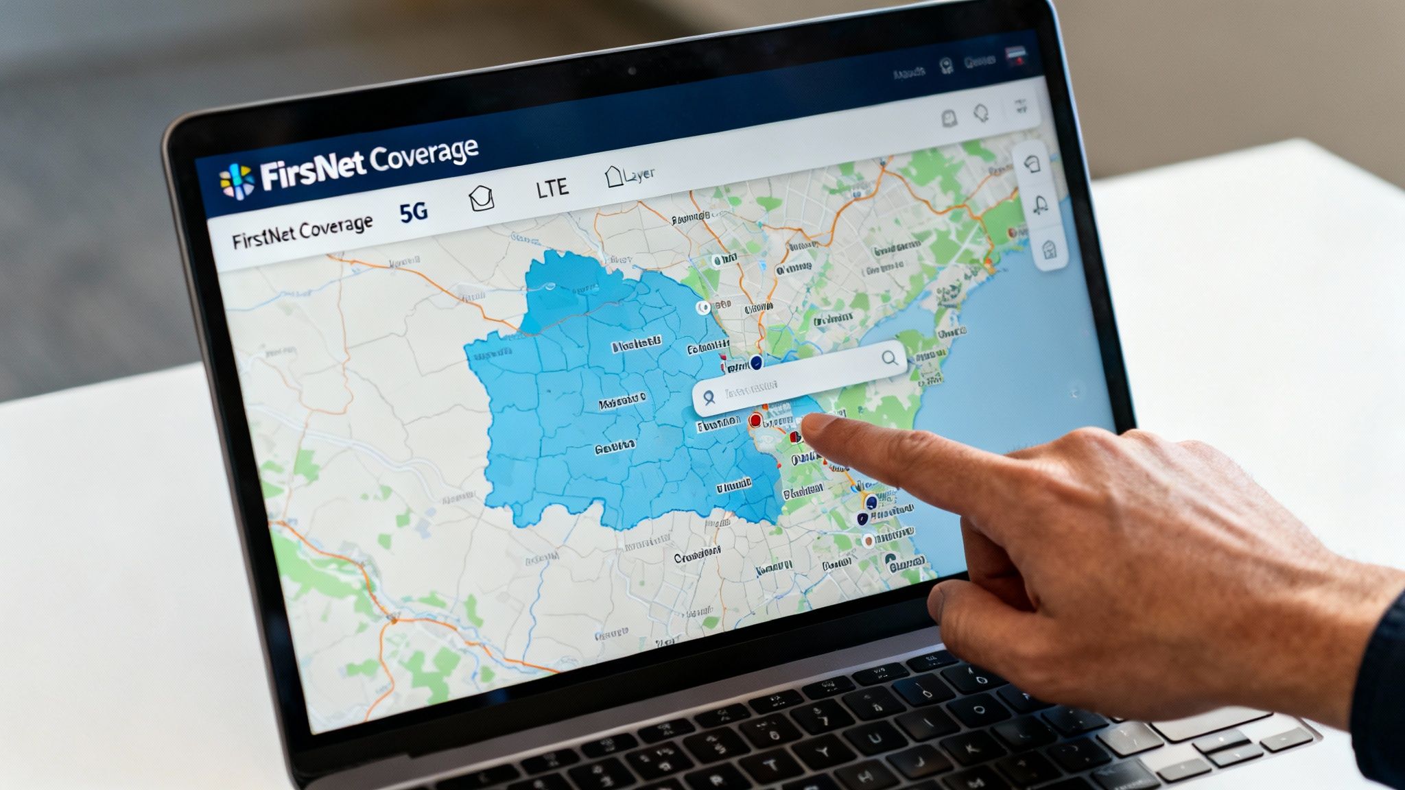 A hand points to a FirstNet 5G coverage map displayed on a laptop screen.