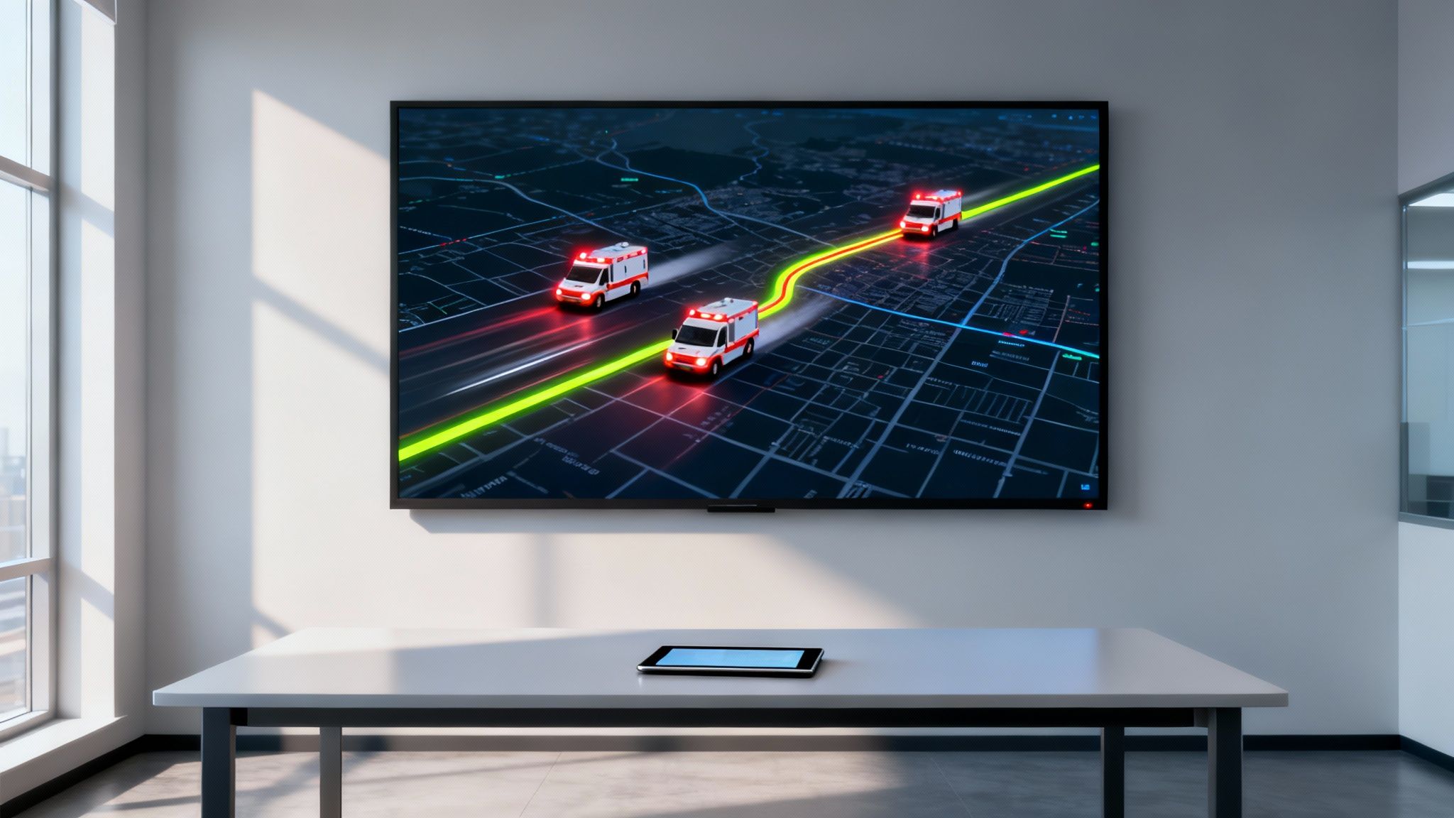 A large screen displays a map with three ambulances on a route, with a tablet on a table below.