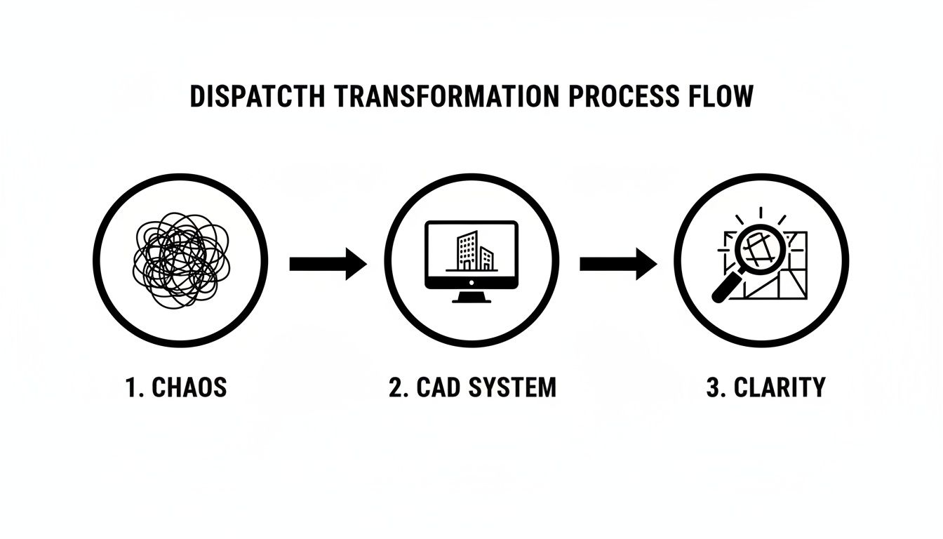 A three-step flow chart illustrating the dispatch transformation process from chaos to clarity using a CAD system.