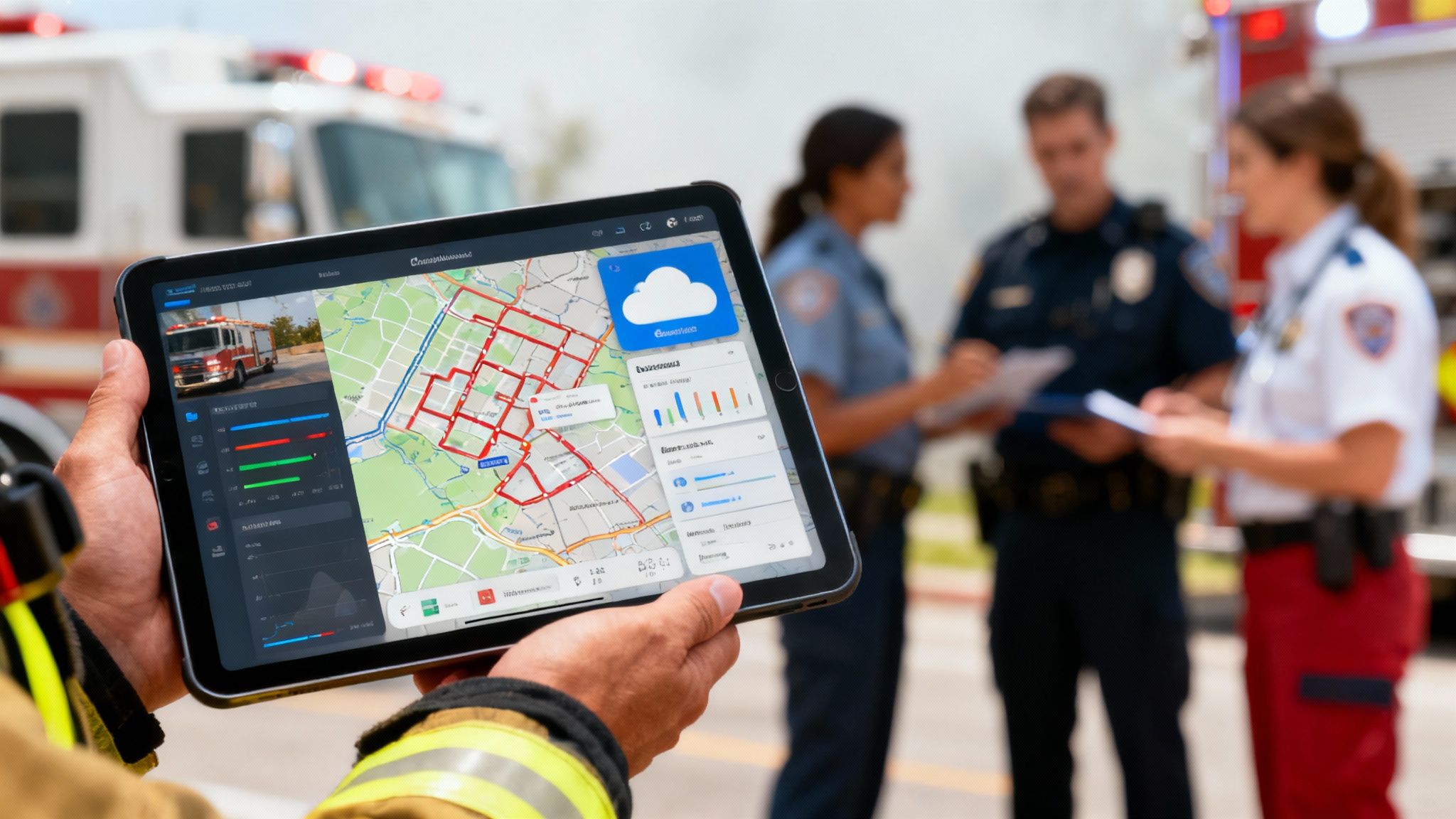 First responders using tablets to view data in the field
