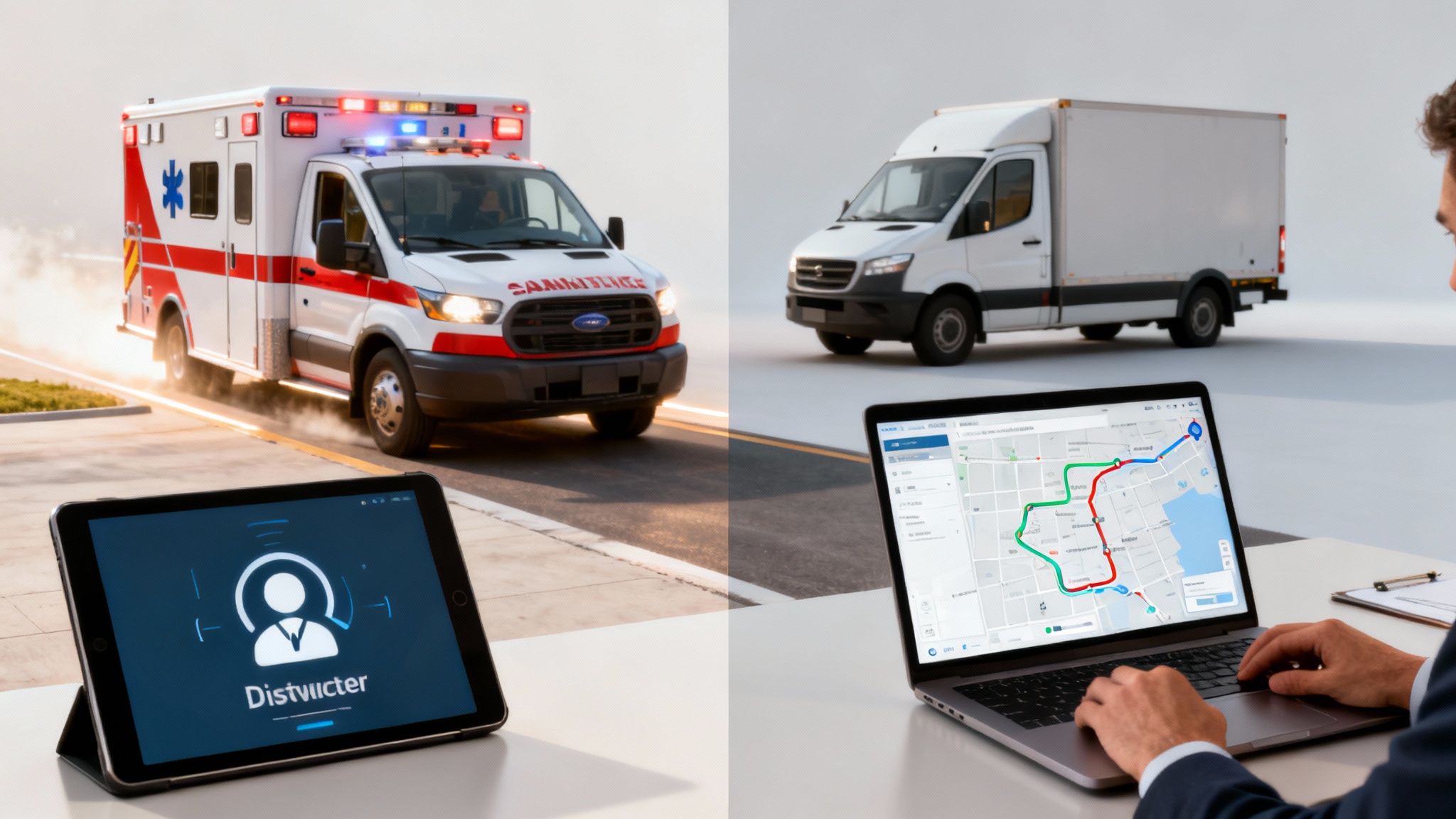 An ambulance, a delivery van, a tablet with an app, and a laptop displaying a map with routes.