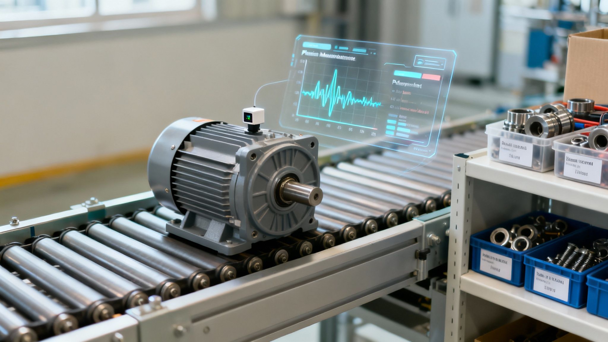 Industrial electric motor with IoT sensor displaying real-time performance monitoring data on holographic screen