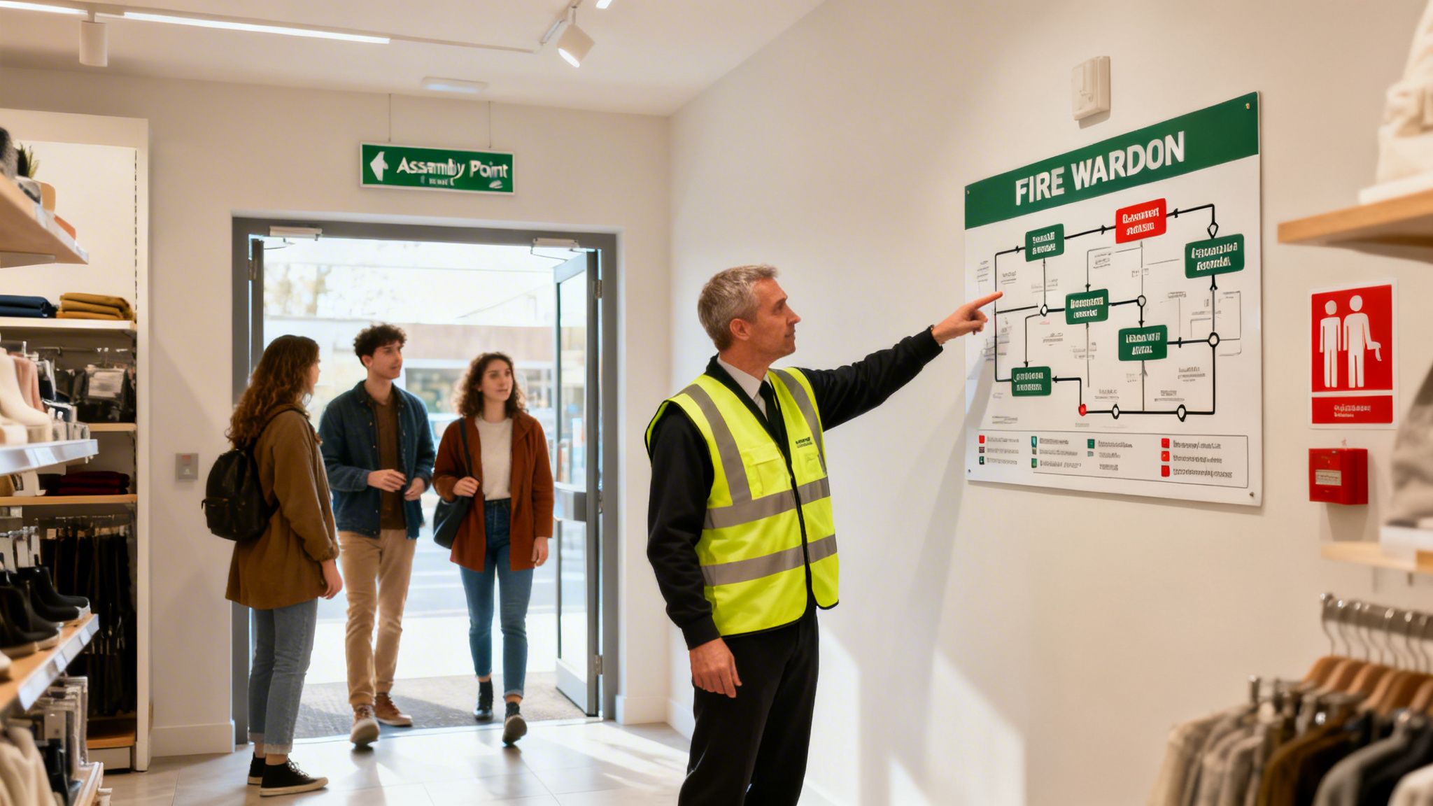 A fire warden in a vest explains a fire prevention plan to young people in a store, pointing at a wall diagram.
