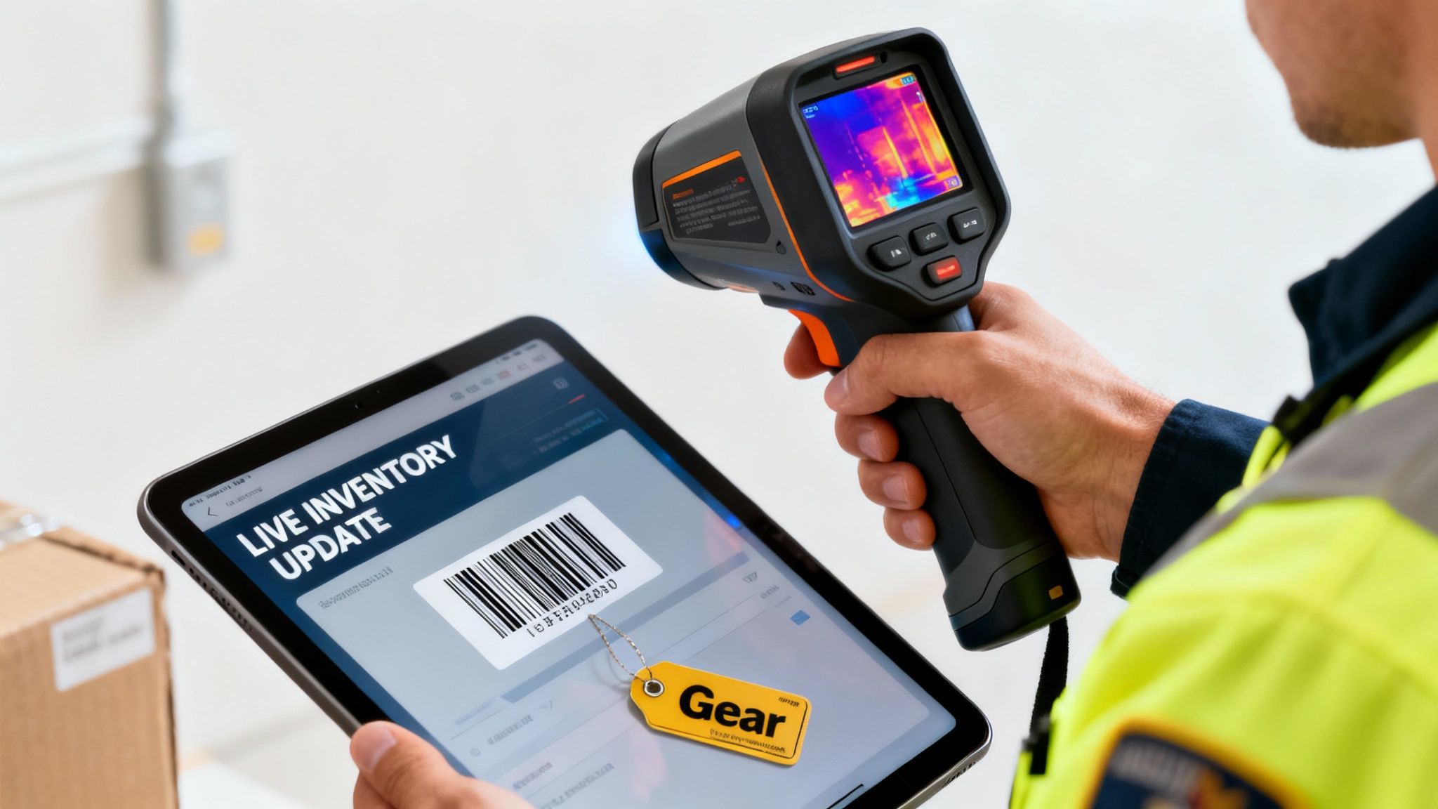 A person uses a thermal camera and tablet for live inventory updates in a warehouse.