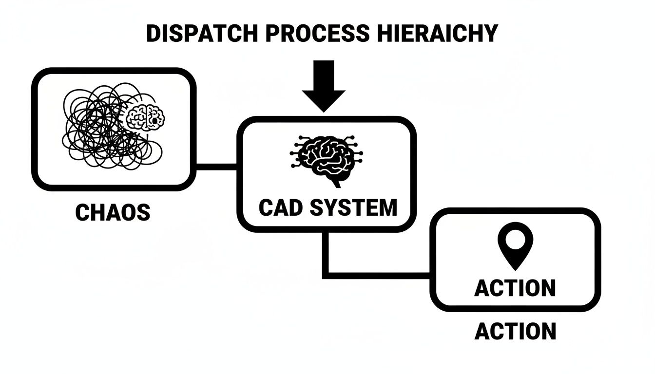 Flowchart illustrating the dispatch process hierarchy, moving from chaos through a CAD system to decisive action.