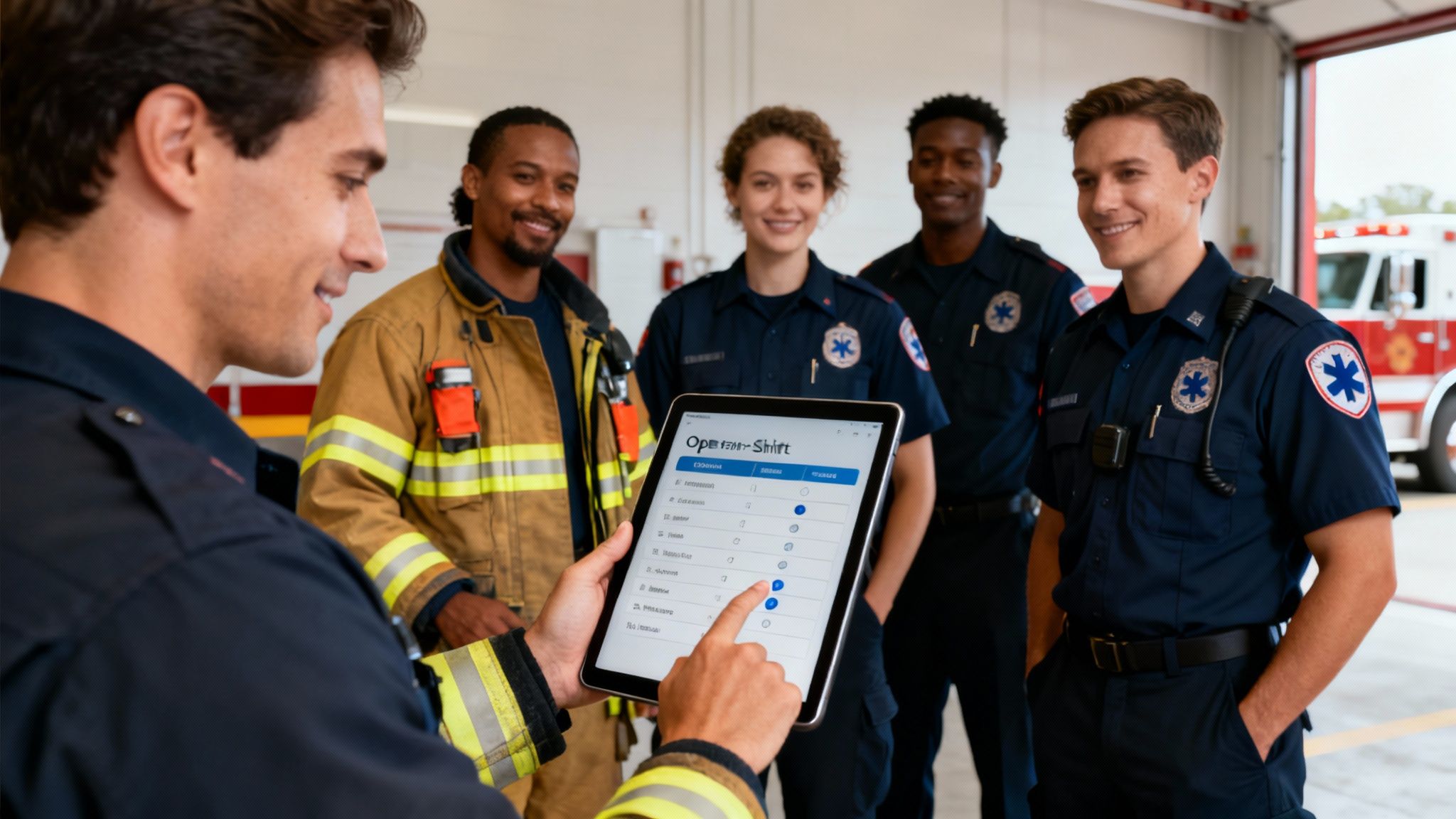First responders, including a firefighter and paramedics, use a tablet for shift management.