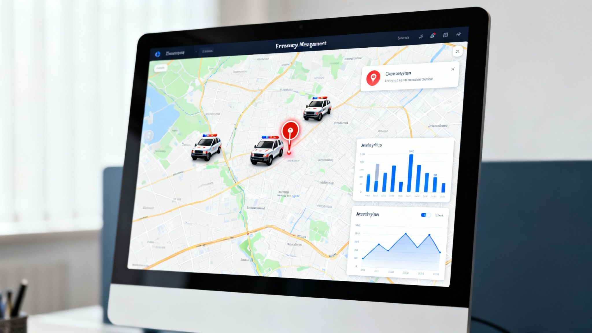 A computer monitor displays emergency management software with police cars on a map and data graphs.