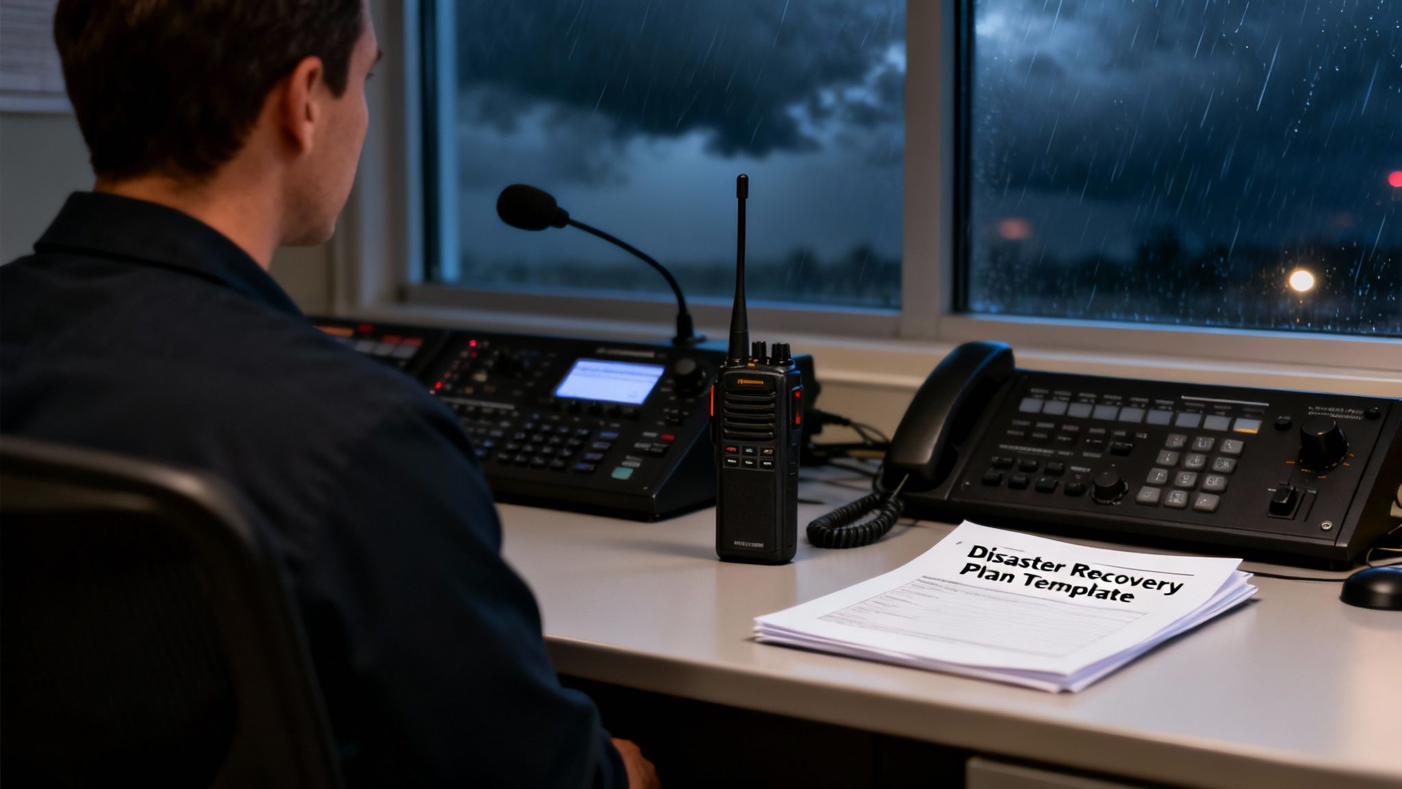 A man looking out a window at a rainy storm, with a radio and 'Disaster Recovery Plan Template' on his desk.