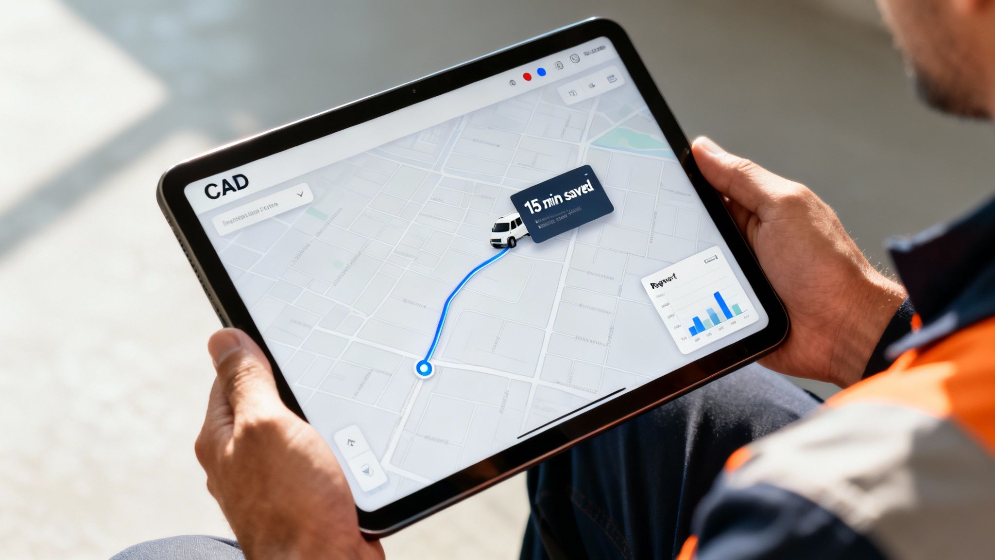 A man holds a tablet showing a CAD map with a truck icon, route, and "15 min saved" message.