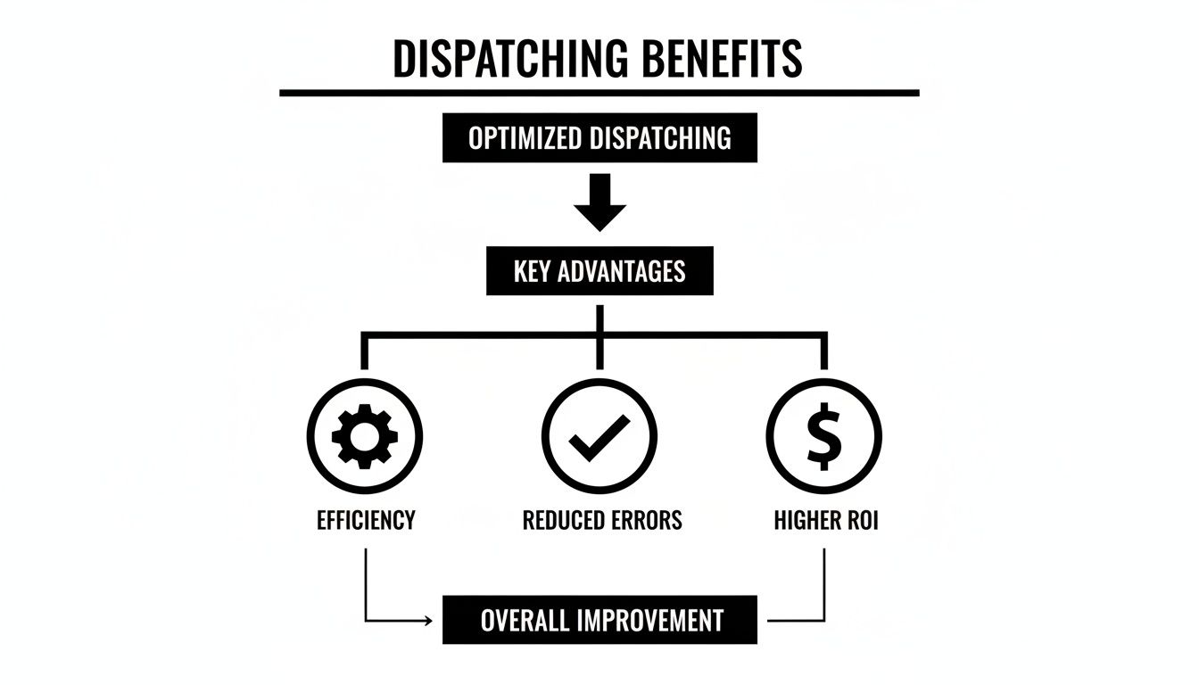 Flowchart illustrating dispatching benefits, showing how optimized dispatching leads to efficiency, reduced errors, and higher ROI, resulting in overall improvement.