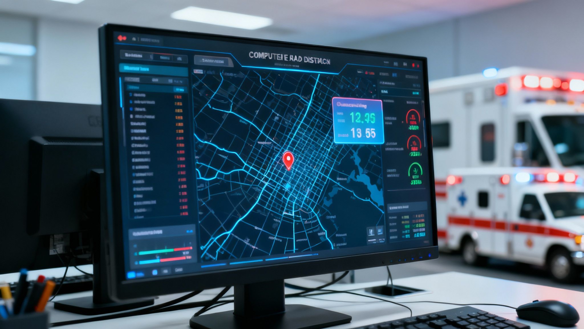 A dispatcher works in a modern control room, with multiple screens showing maps and data related to EMS dispatching software.