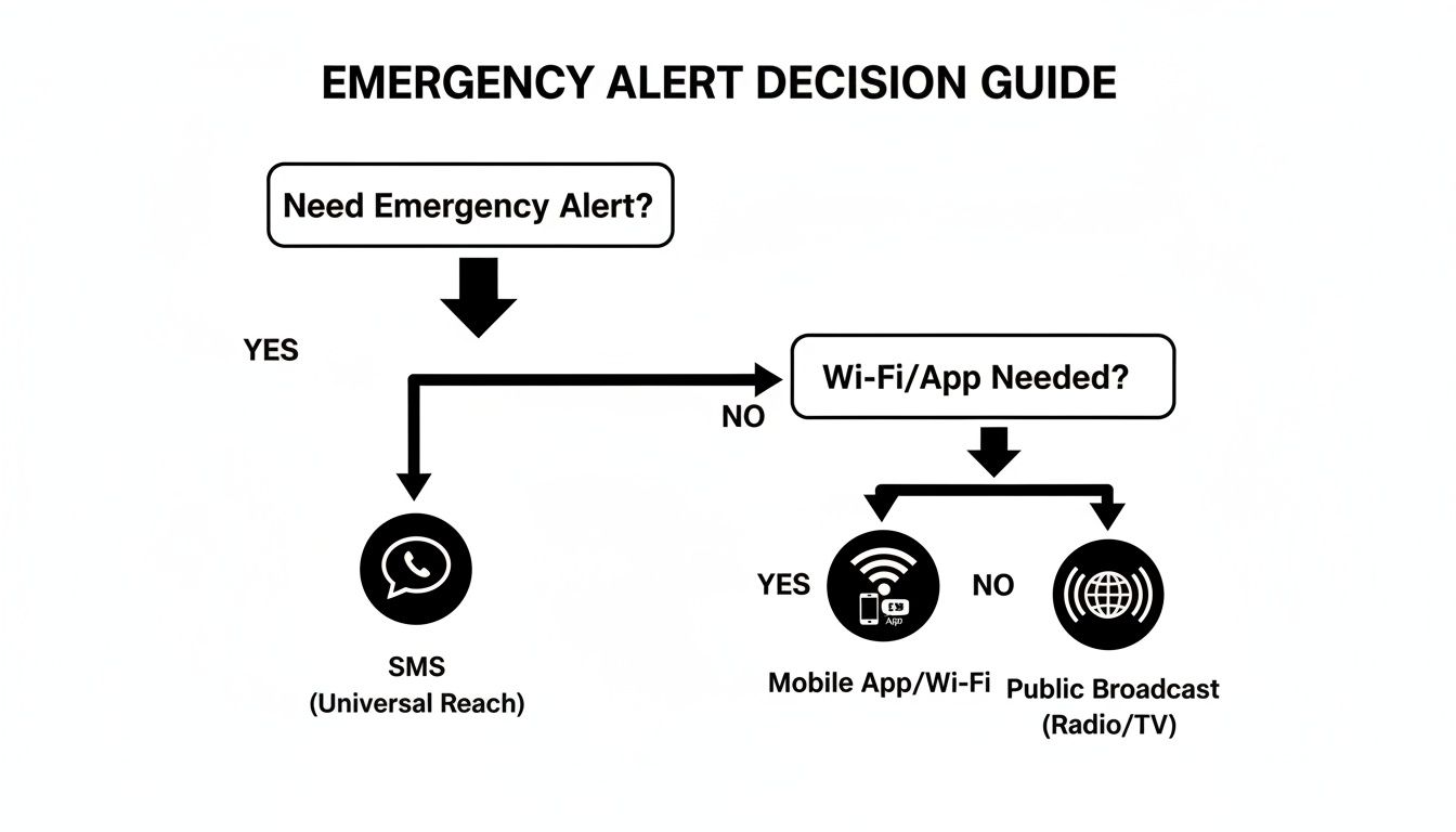 Flowchart for emergency alert decision guide, showing options for SMS, mobile app, and public broadcast.