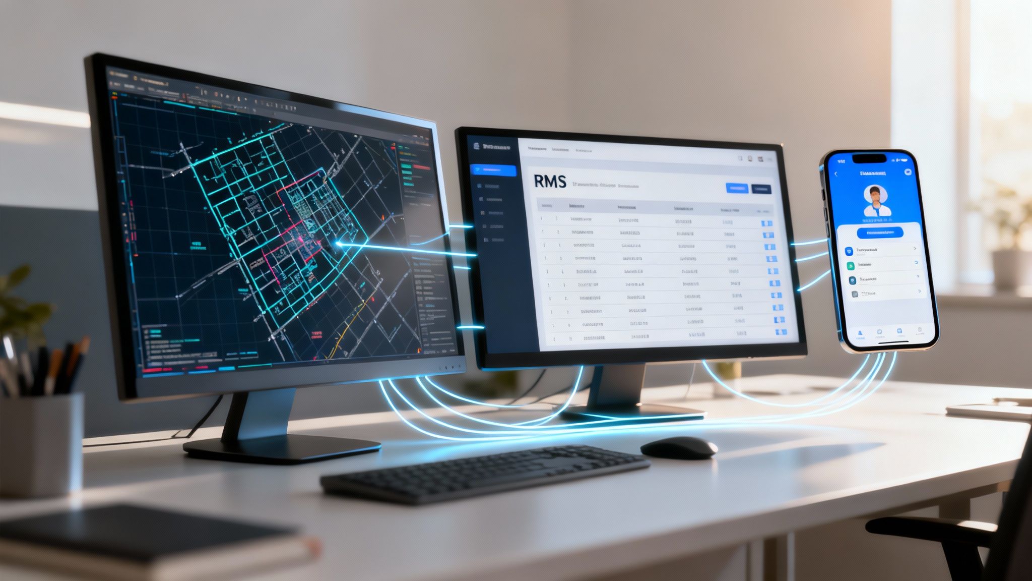 Three screens display integrated systems with maps, data, and mobile interfaces, connected by glowing blue lines in an office.