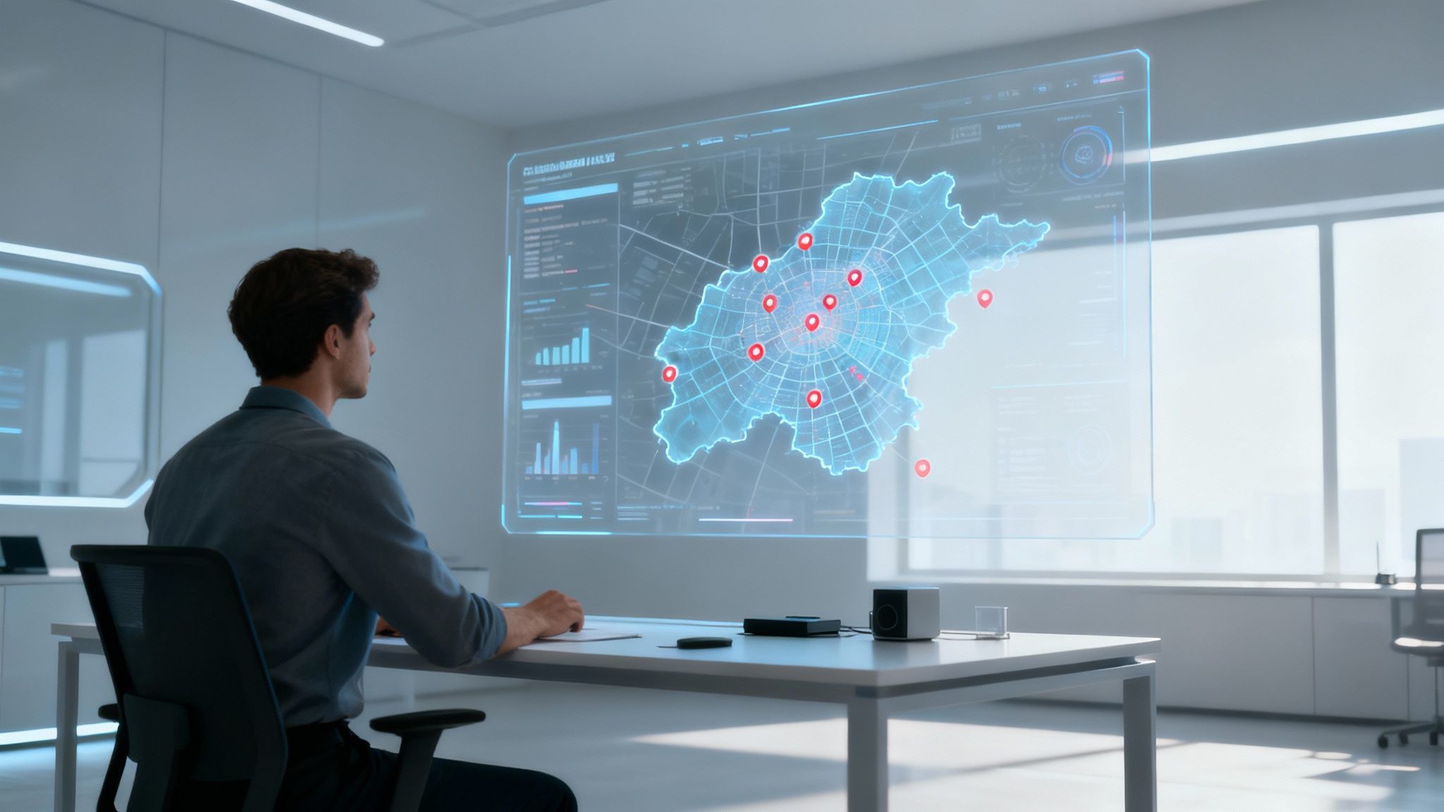 A futuristic command center with holographic displays showing city maps and data analytics, illustrating the future of dispatch technology.