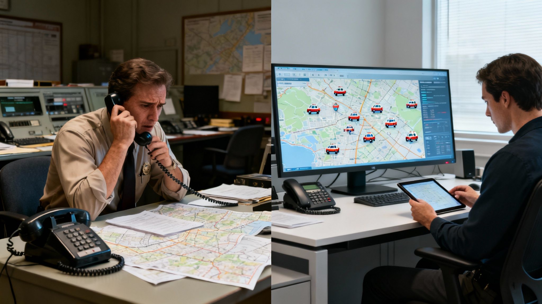 Two dispatchers, one traditional using a landline and maps, the other modern with a computer and tablet.