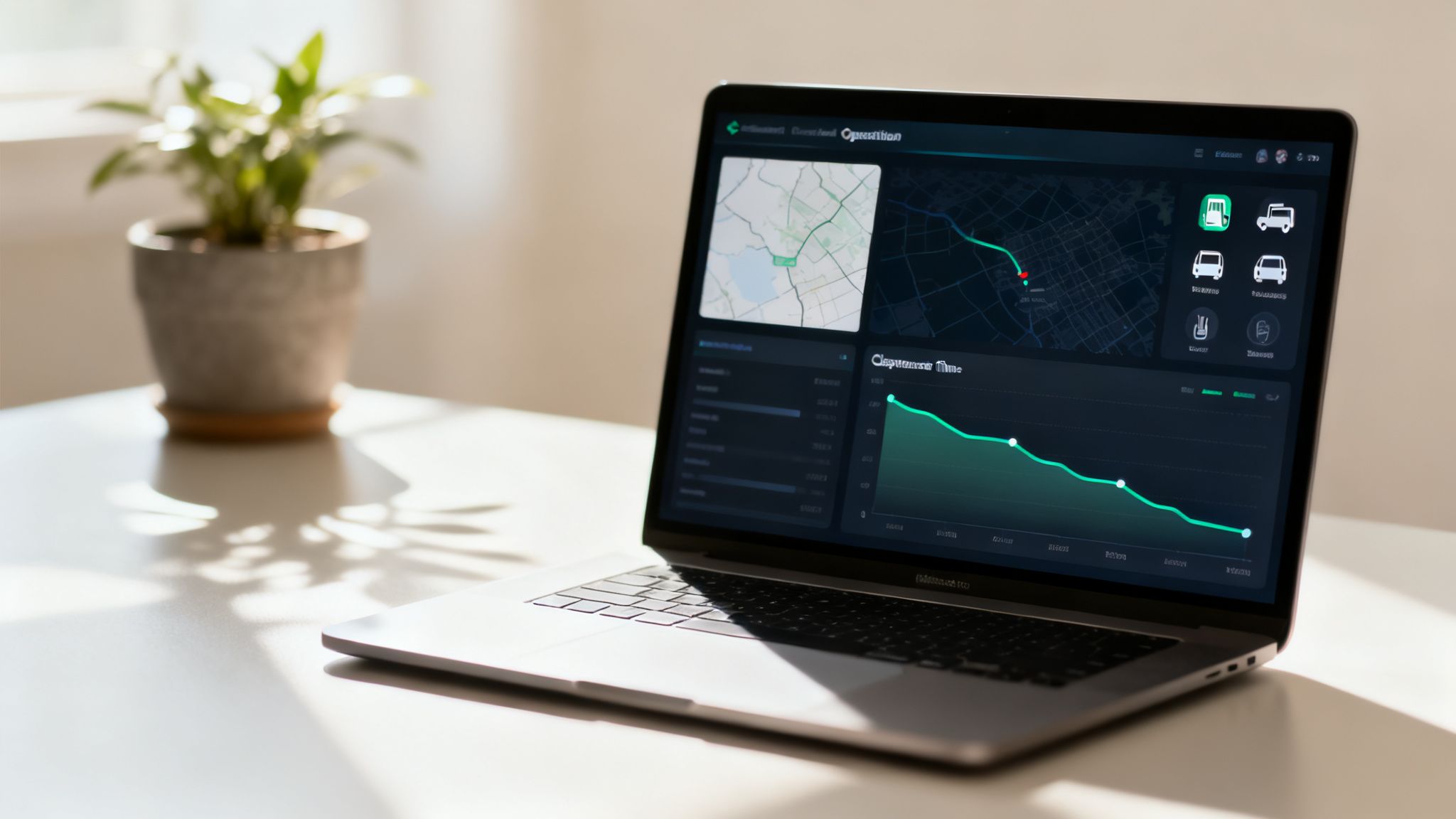 A laptop on a white desk displays a dispatch management dashboard with a map and a declining line graph, beside a blurred plant.