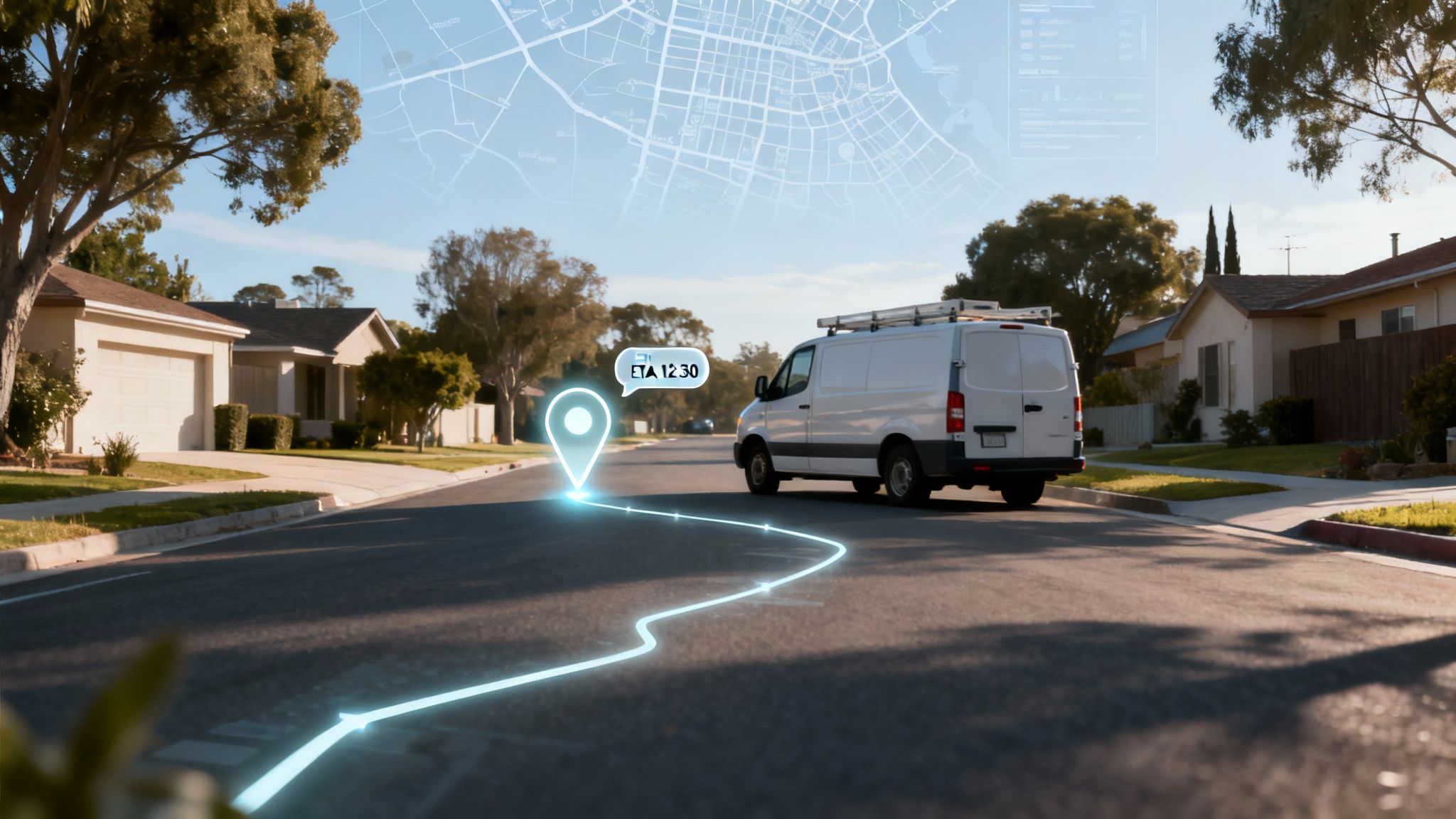 A white delivery van on a suburban street with a glowing GPS route and ETA 12:30 overlay.