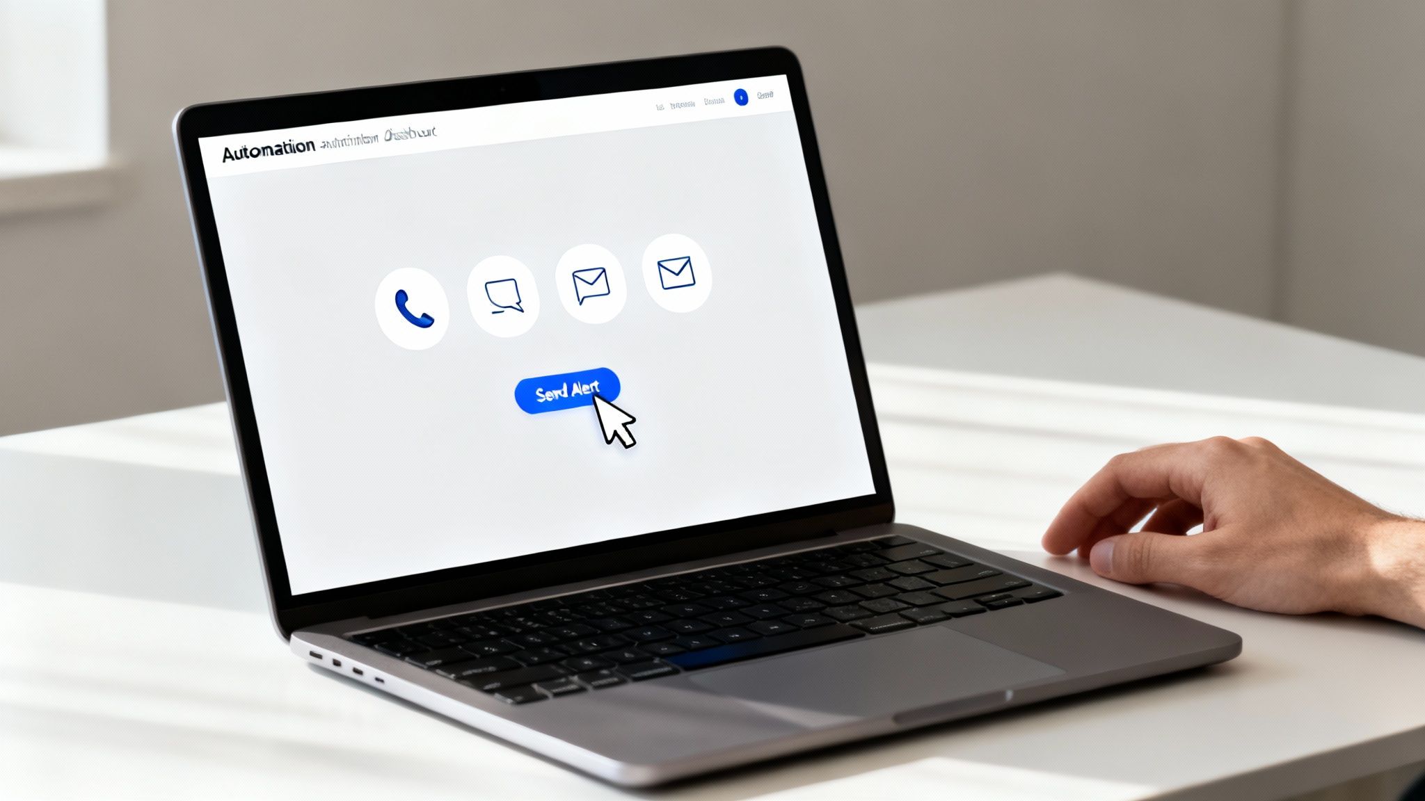 A hand clicks a 'Send Alert' button on a laptop screen displaying an automation dashboard.
