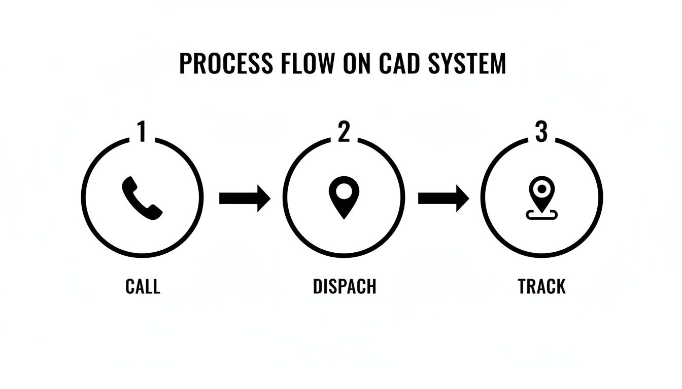 A flowchart illustrates a three-step process for a CAD system: Call, Dispatch, and Track.