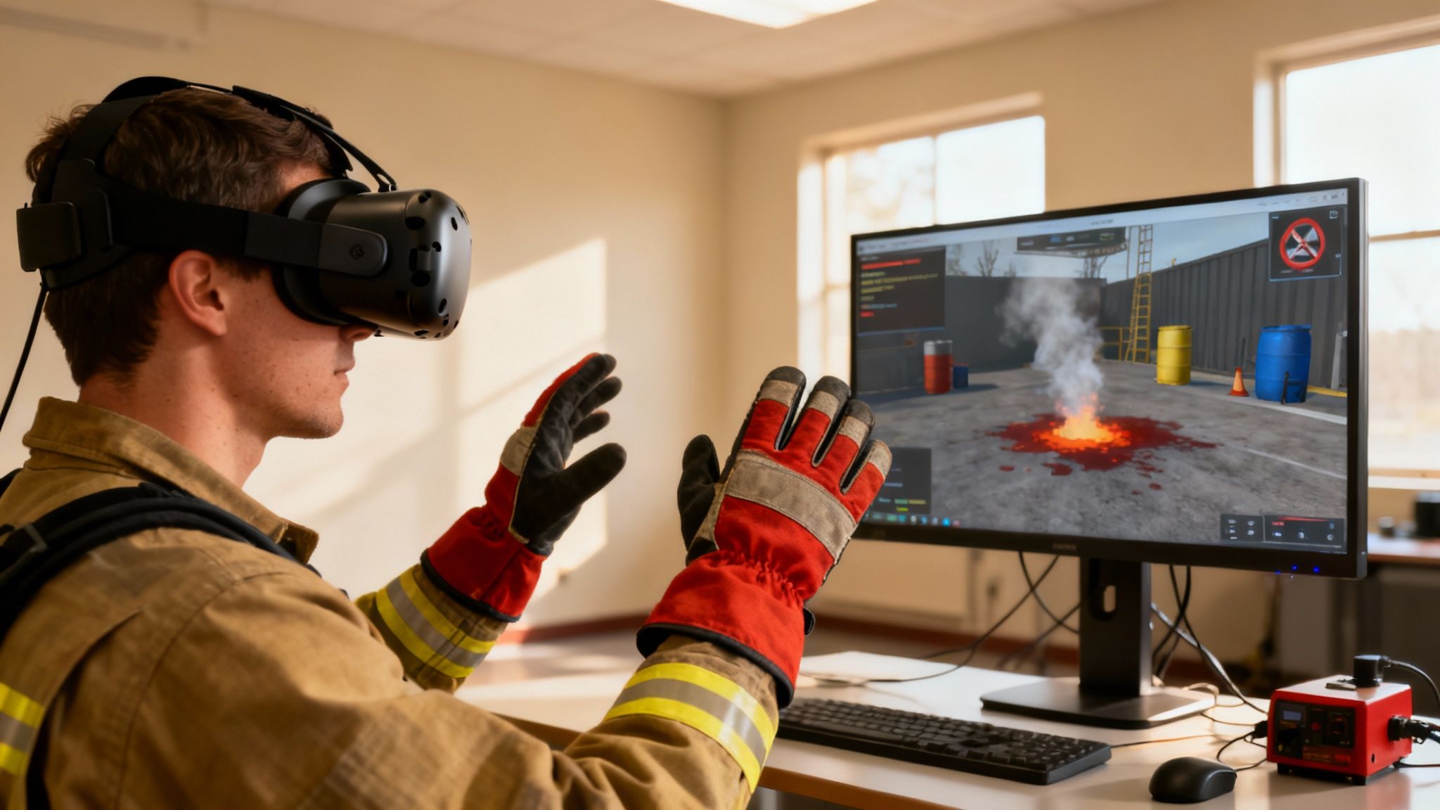Emergency response team members using technology for training.
