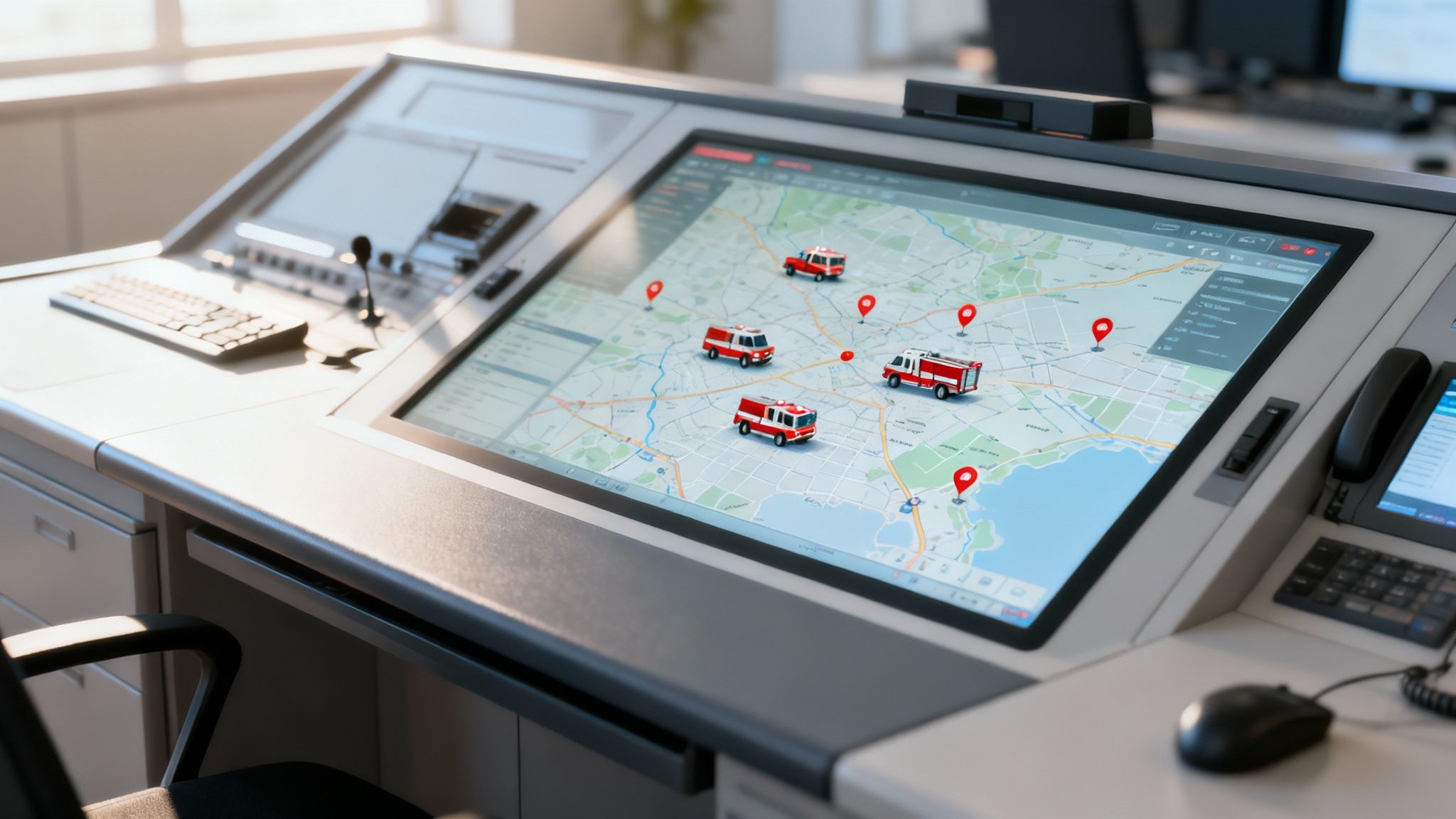 A dispatcher using computer aided dispatch software to manage units on a digital map.