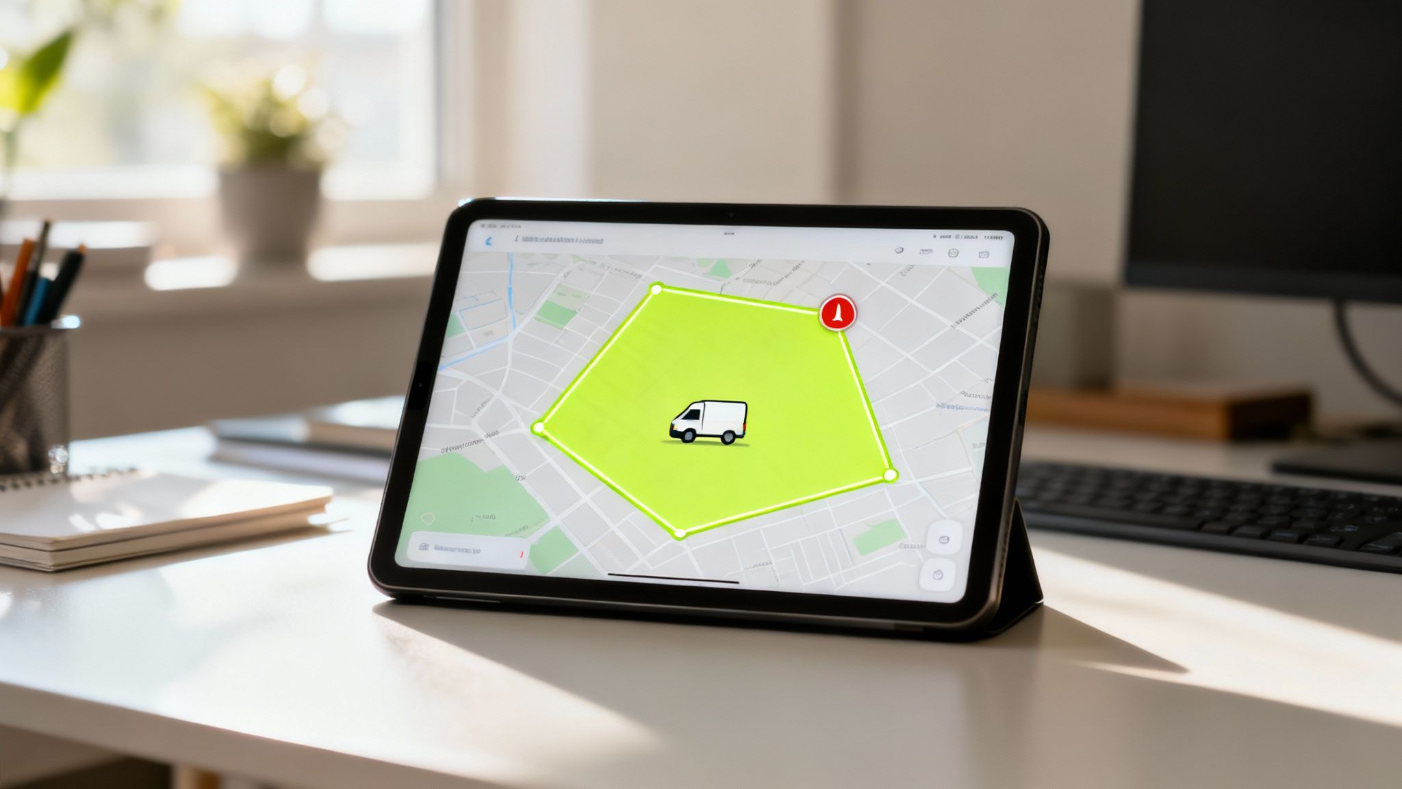 Tablet displaying vehicle tracking map with highlighted delivery zone and van icon on office desk
