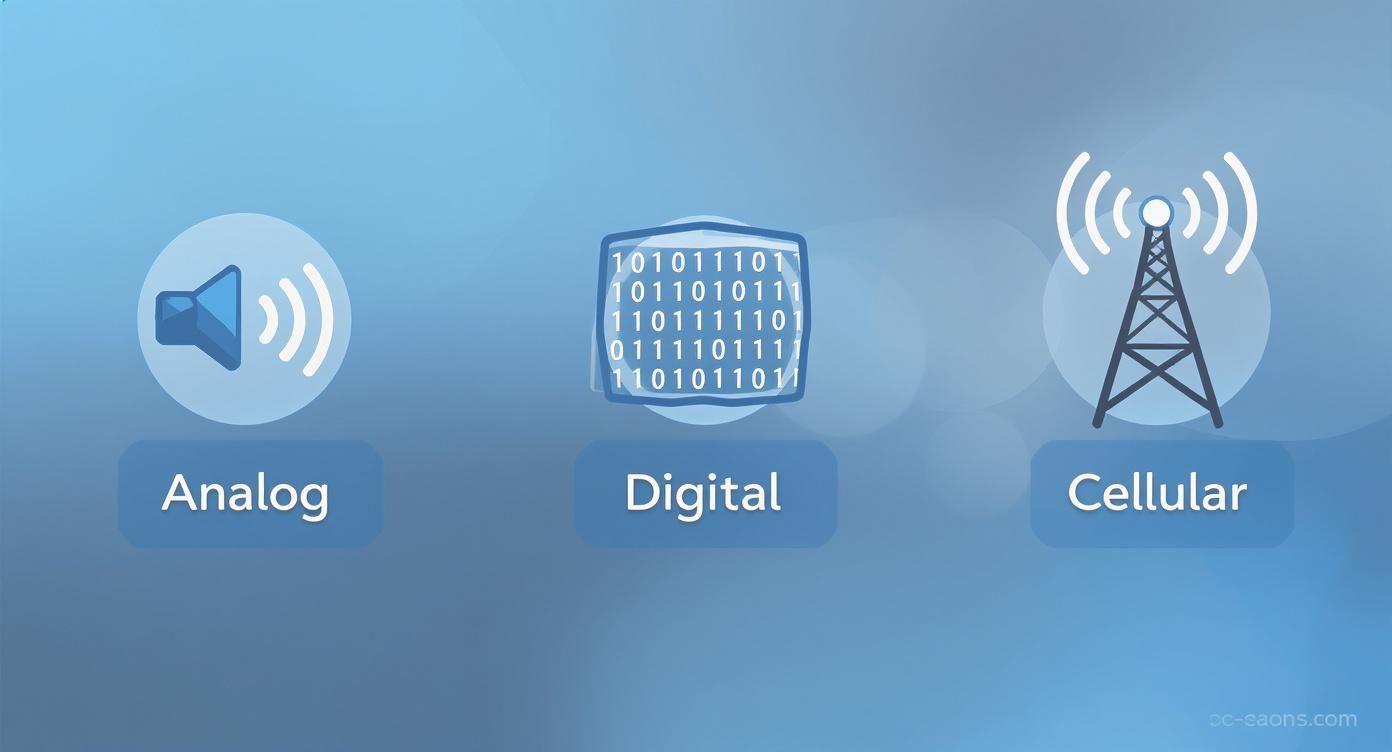 Three icons depicting analog sound, digital data, and cellular network communication systems.