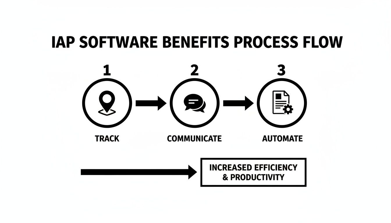 Diagram illustrating IAP software benefits process: Track, Communicate, Automate, resulting in increased efficiency.