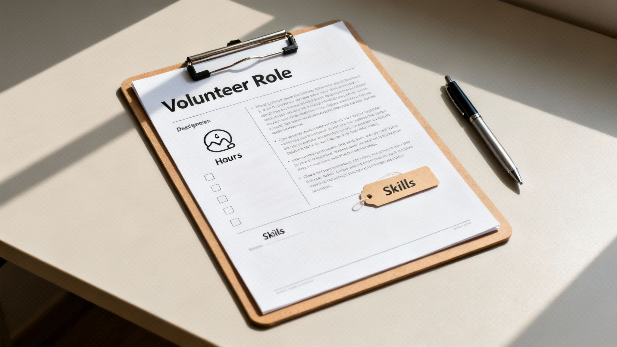 A document titled "Volunteer Role" on a clipboard with a pen and a "Skills" tag, detailing tasks.