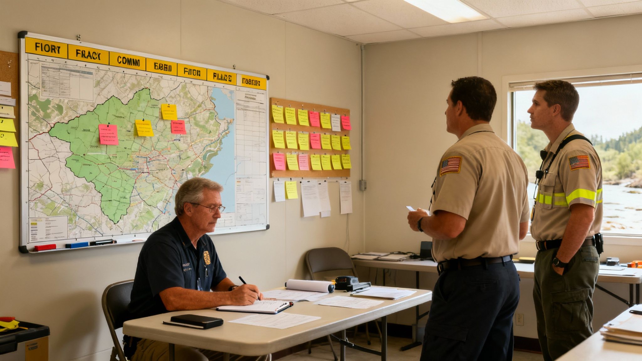 A first responder team using an incident command board during a training exercise.
