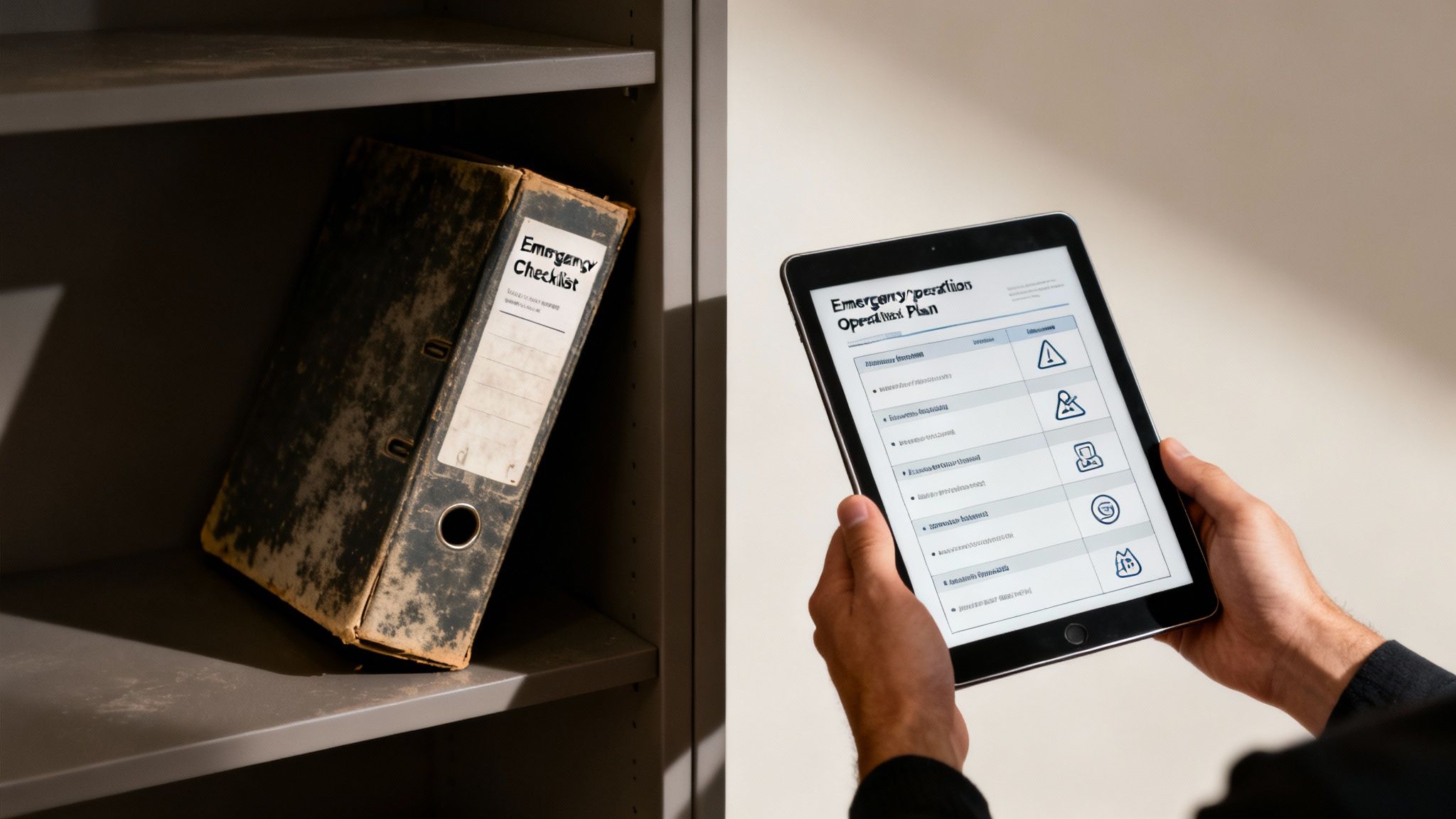 A dusty 'Emergency Checklist' binder on a shelf next to hands holding a tablet with a digital 'Emergency Operation Plan'.