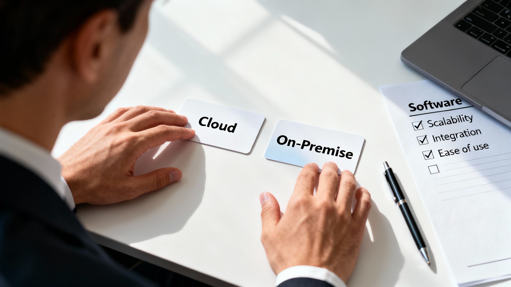 A person considers 'Cloud' vs 'On-Premise' software options, evaluating scalability and integration.