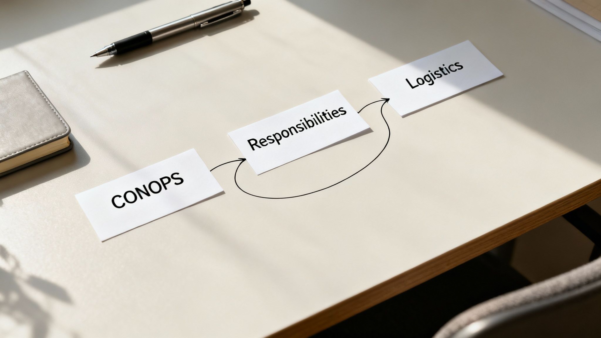 A conceptual diagram on a desk shows cards labeled CONOPS, Responsibilities, and Logistics with connecting arrows.
