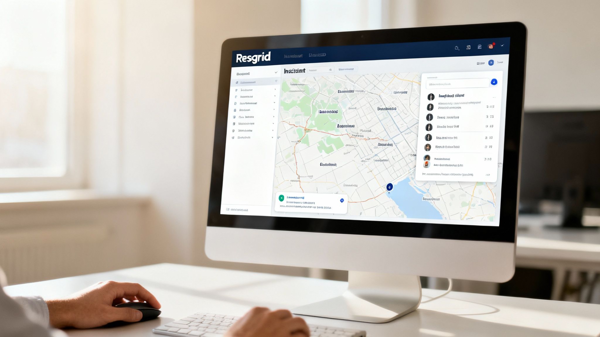 A person uses Resgrid incident management software on a desktop computer, displaying a map and user list.